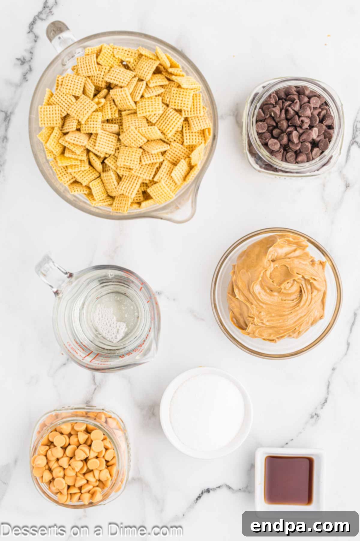 Chex Peanut Butterscotch Crunch 3 Ingredients for Scotcheroos including Chex cereal, peanut butter, corn syrup, semi-sweet chocolate chips, butterscotch chips, and vanilla extract.