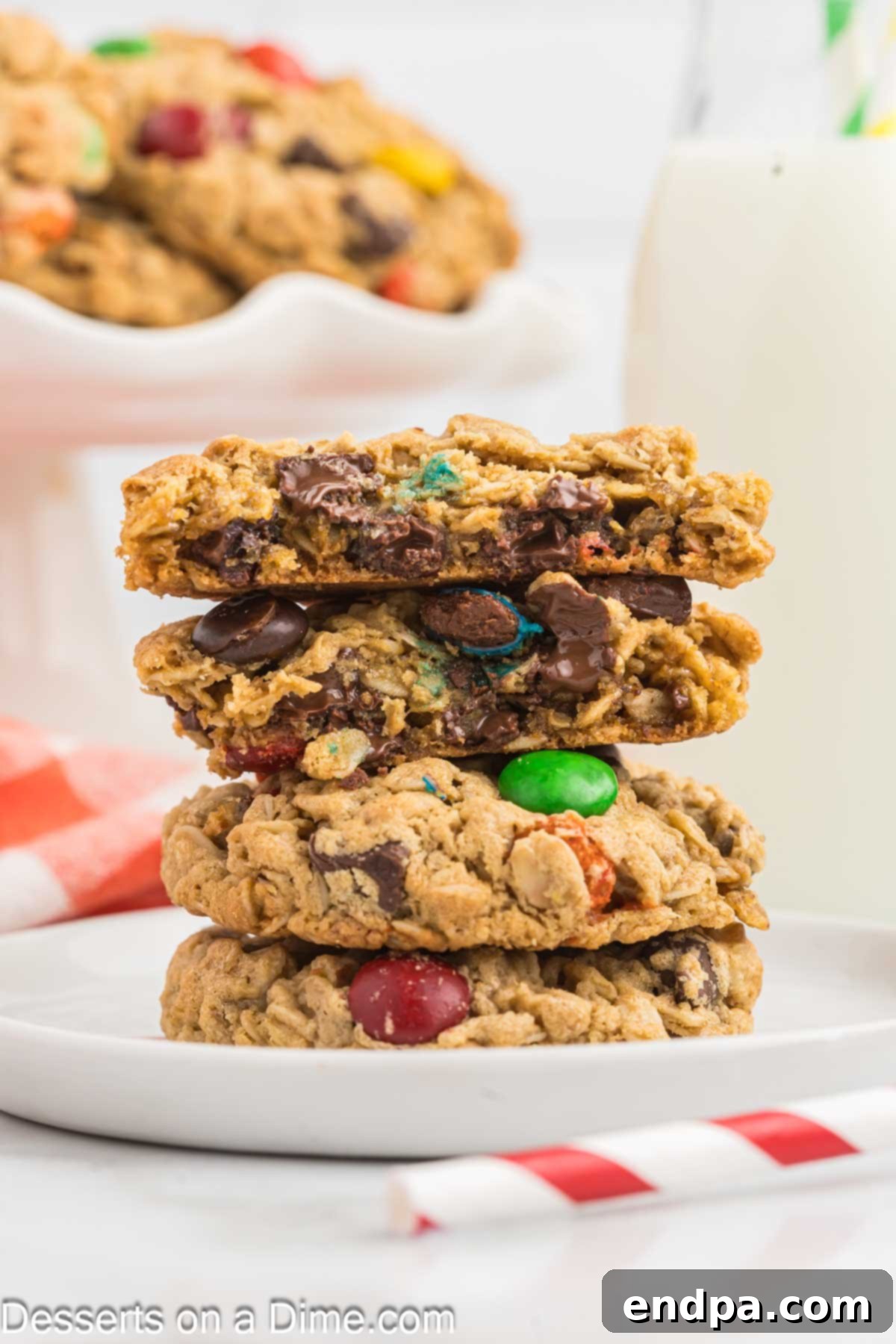 Monster Cookies stacked together on a plate, showcasing their rich texture and colorful candy pieces.