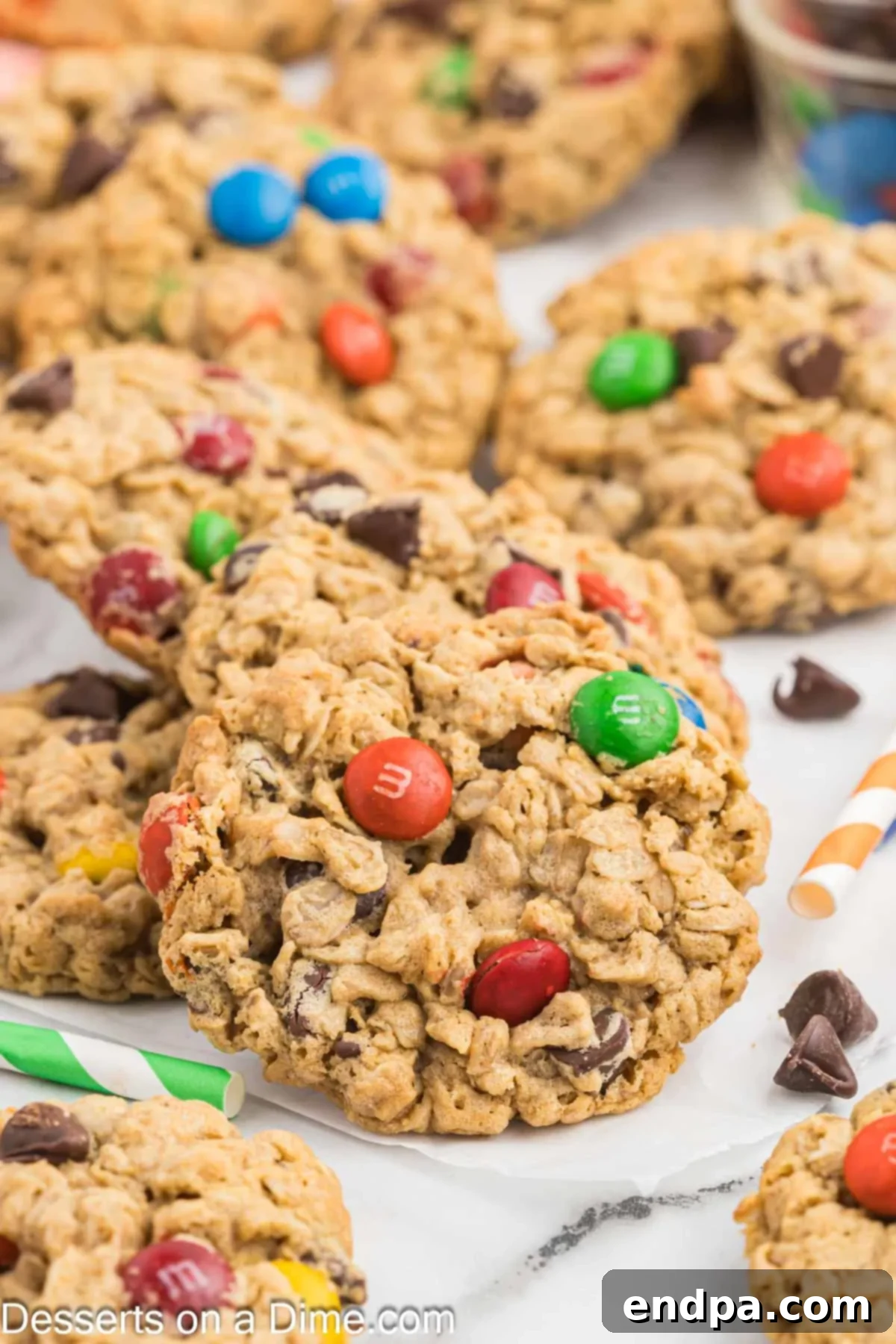 Monster Cookies piled high on a plate, ready to be eaten.