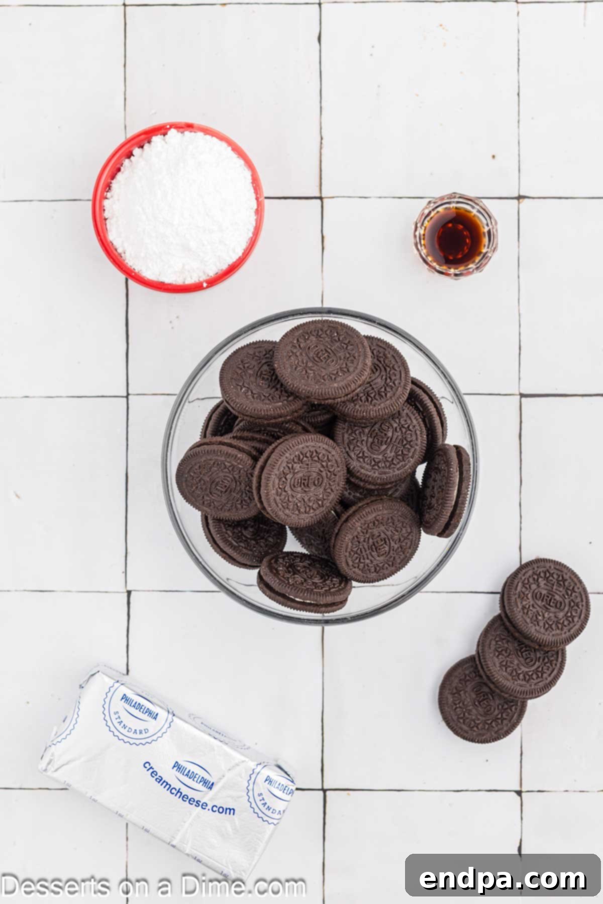 Decadent Oreo Dip 3 Ingredients for Oreo Dip - cream cheese, powdered sugar, vanilla, oreo cookies.