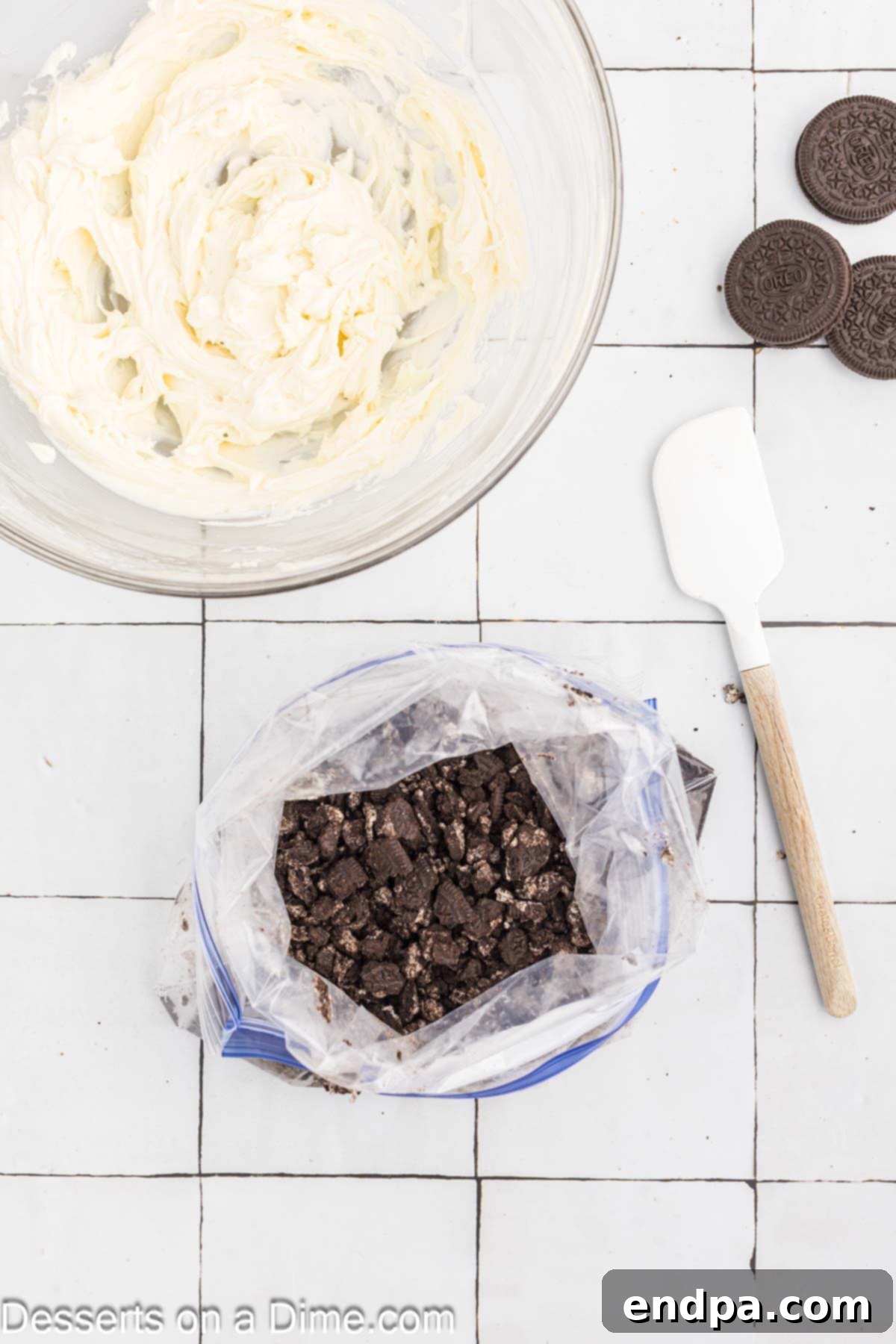 Decadent Oreo Dip 5 Cookies inside a bag crushed.