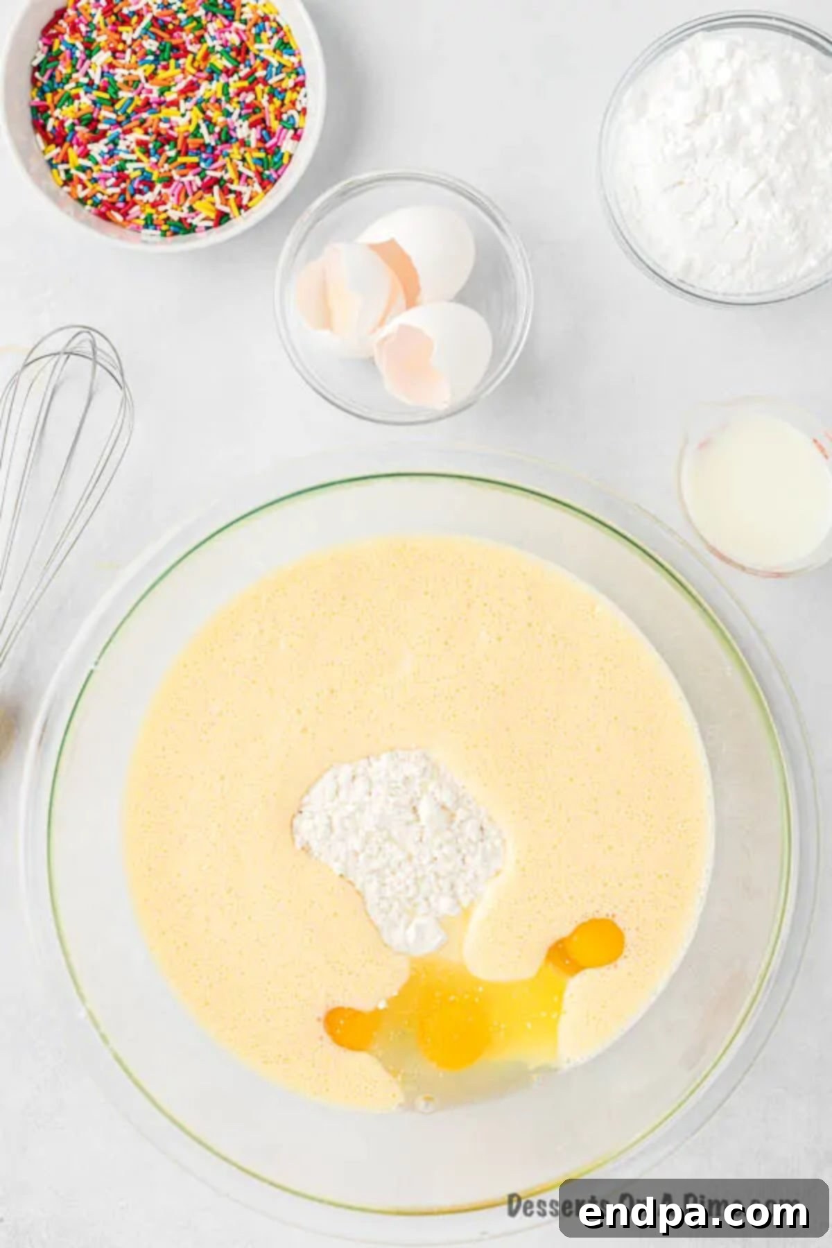 Velvet Ice Cream Cake 4 A large mixing bowl containing white cake mix, cracked eggs, and a bowl of melted vanilla ice cream, ready to be combined into batter.