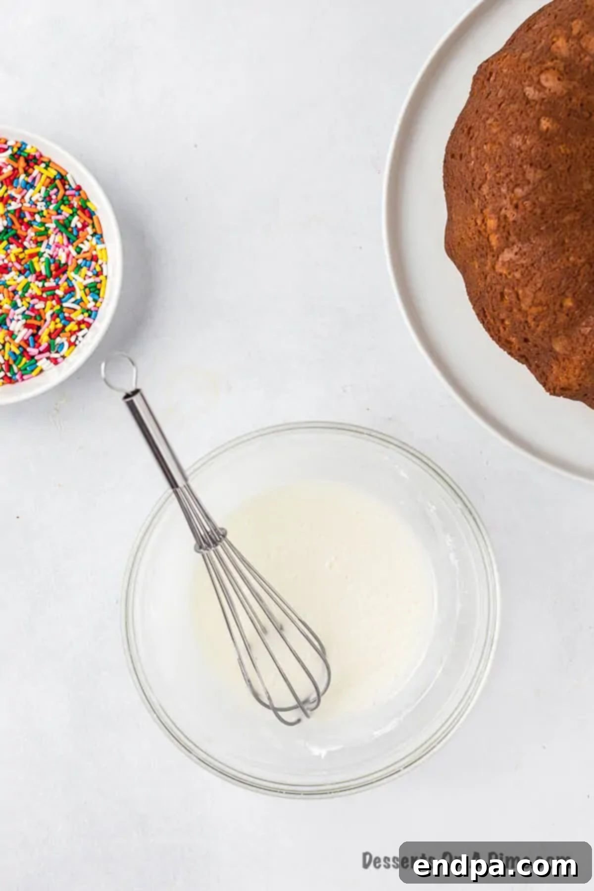 Velvet Ice Cream Cake 7 A small glass bowl filled with white confectioner's sugar and a splash of milk, with a whisk resting beside it, indicating the preparation of the cake glaze.