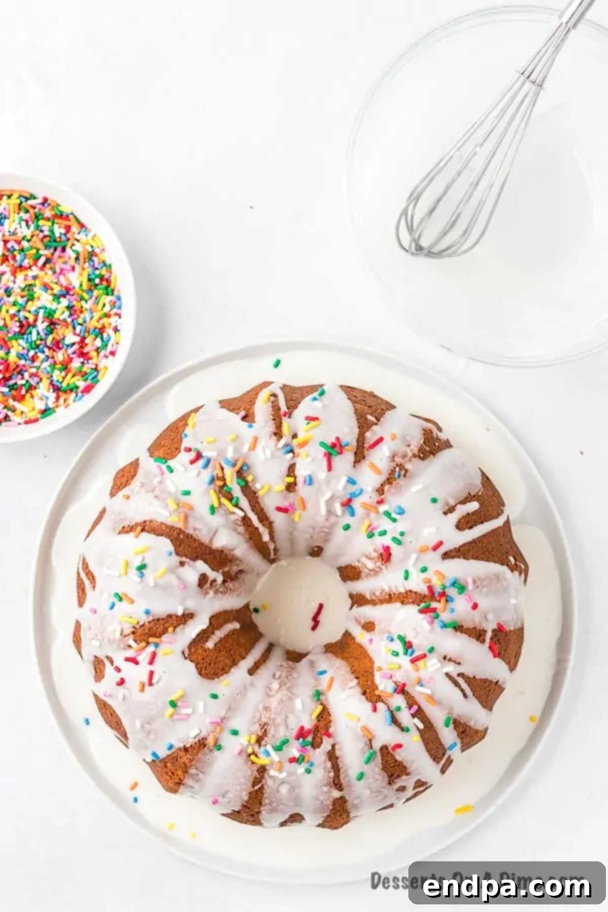Velvet Ice Cream Cake 8 A beautifully baked bundt cake generously drizzled with white glaze, with colorful sprinkles scattered over the top, ready for serving.