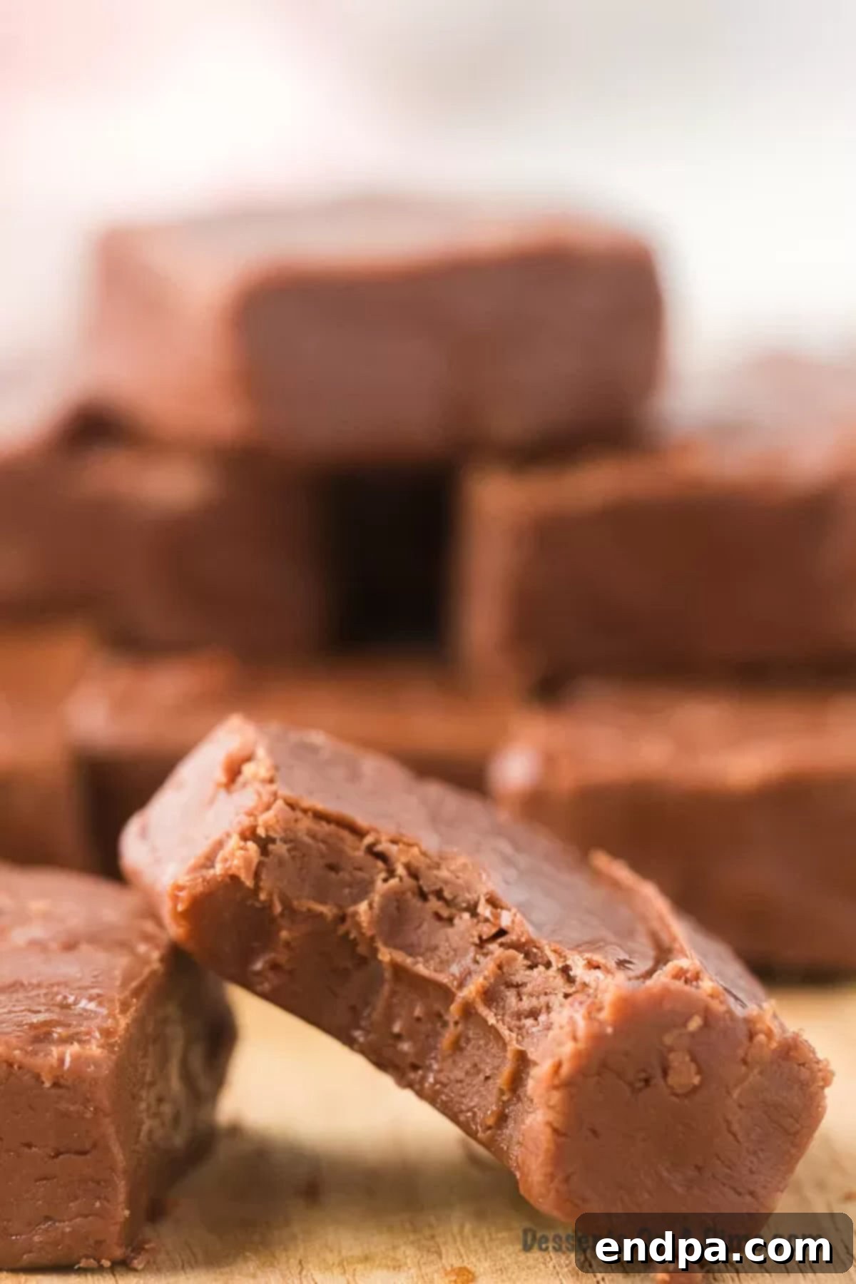 Decadent homemade chocolate fudge cut into perfect squares, artfully stacked on a rustic wooden cutting board, ready to be enjoyed.