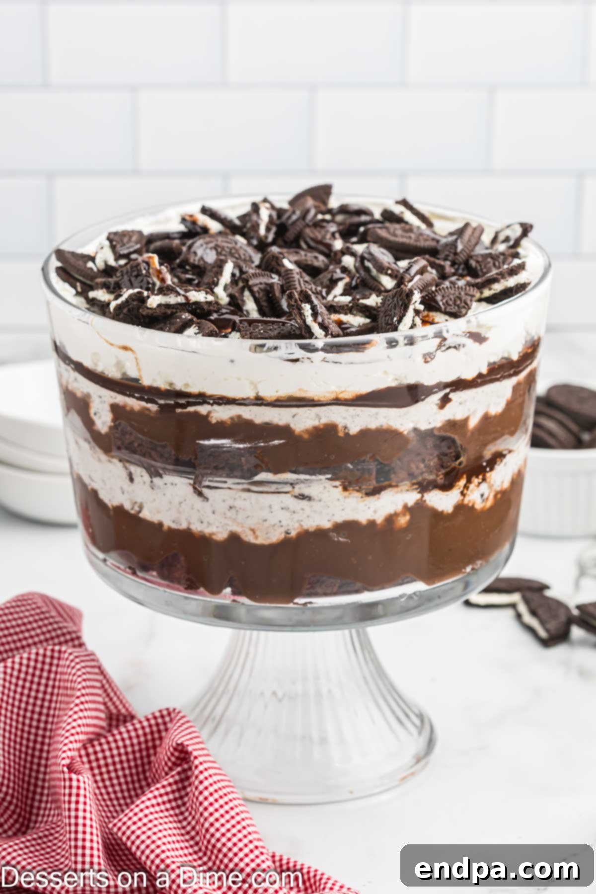 Oreo Dream Trifle 2 Trifle dish with layers of pudding, Oreo cookies and cheesecake filling.