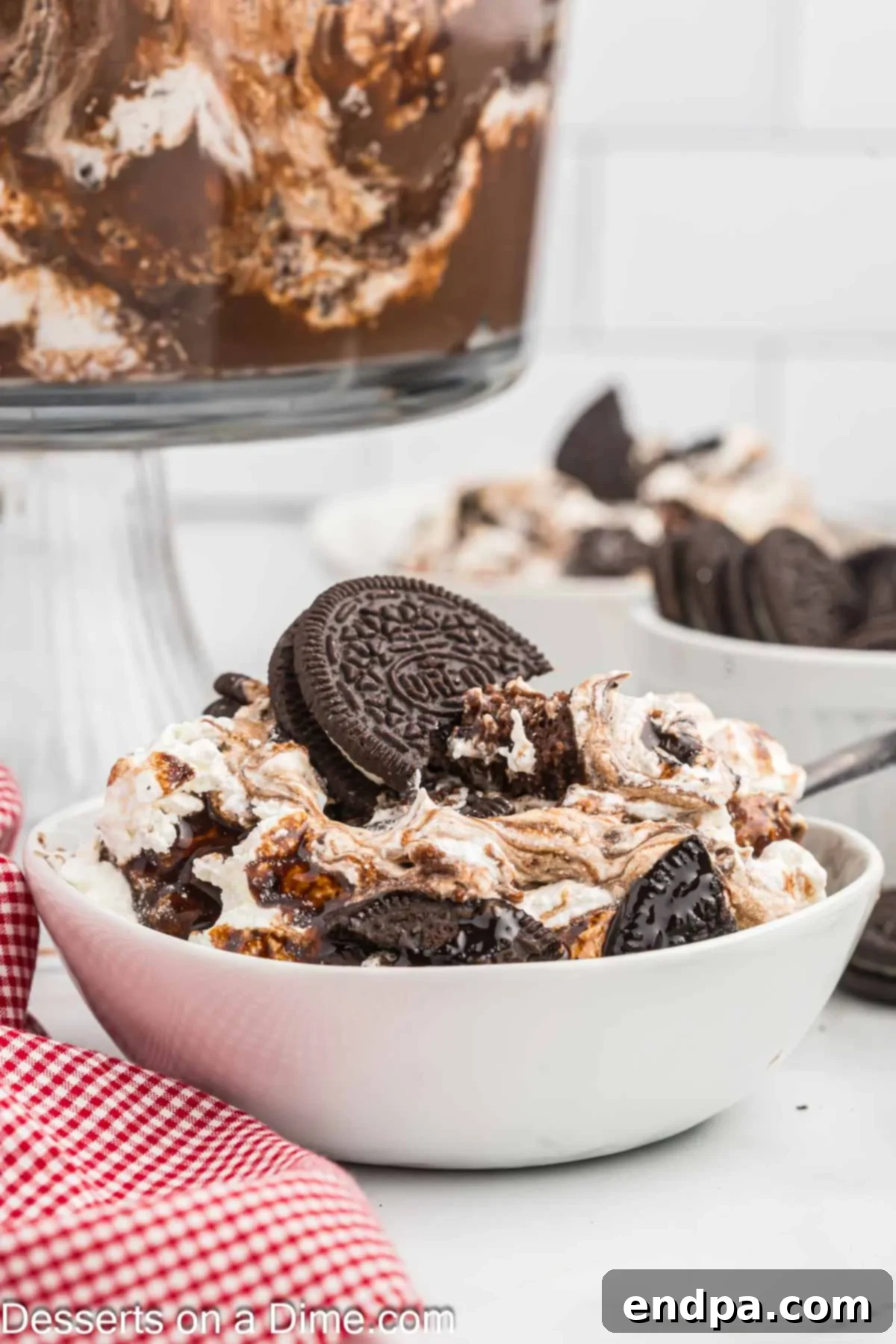 Oreo Dream Trifle 12 Oreo Trifle in a bowl.