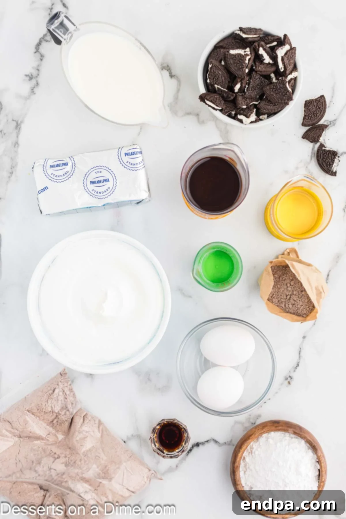 Oreo Dream Trifle 3 Ingredients for Oreo Trifle - brownie mix, eggs, cream cheese, powdered sugar, vanilla, cool whip, Oreo cookies, chocolate pudding, chocolate sauce, oreo cookies.