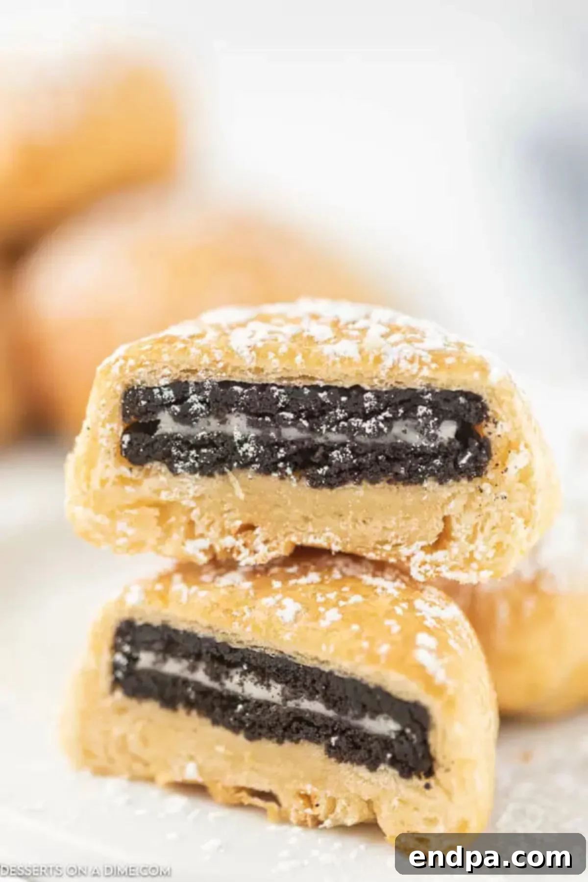 Air Fryer Oreo Magic 2 A close up of one air fried Oreo cut in half so you can see the Oreo on the inside sitting on a white plate. The 2 pieces are stacked on top of each other with whole air fried Oreos behind them.