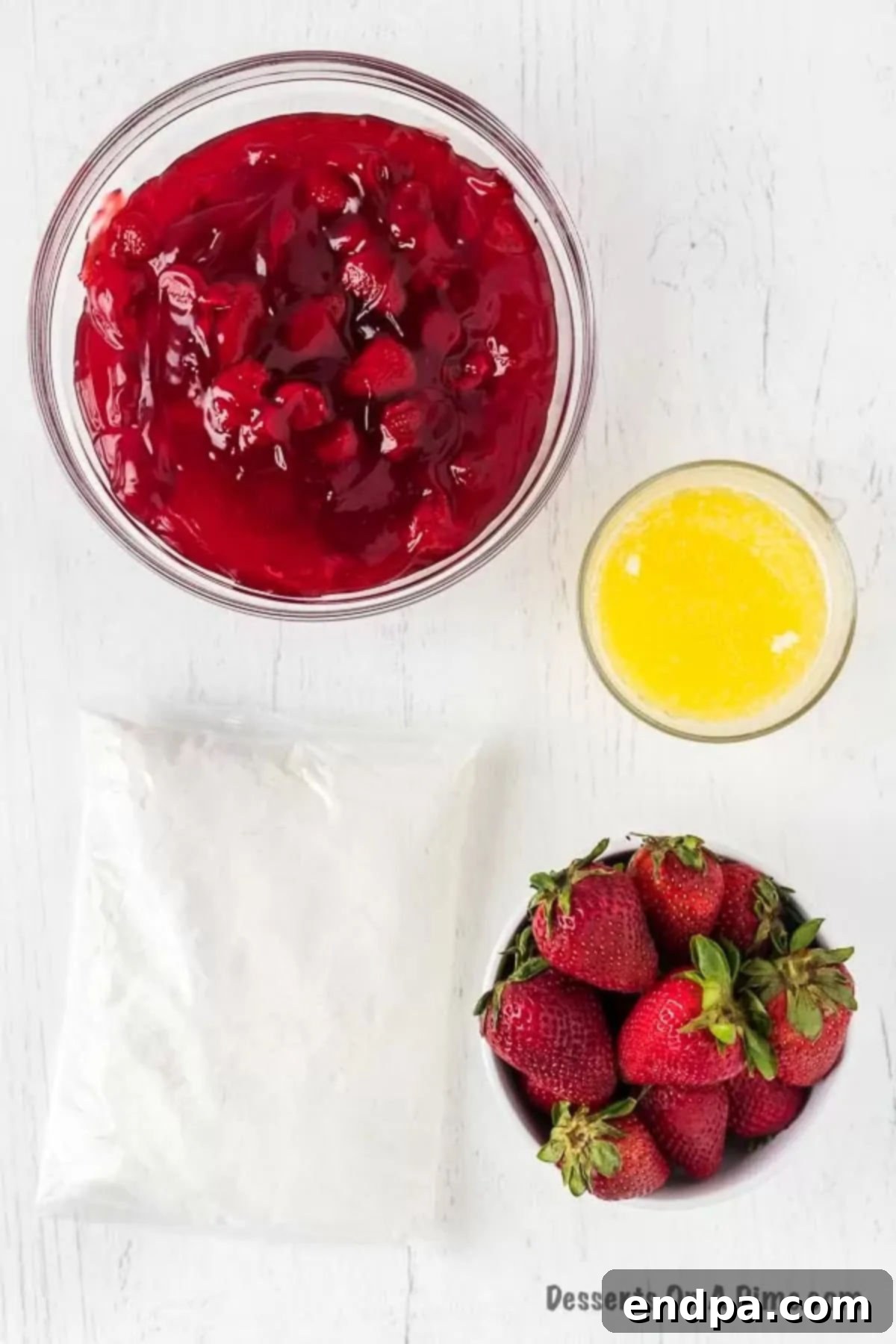 One-Pan Strawberry Bliss 3 Ingredients for recipe - cake mix, fruit filling, butter.