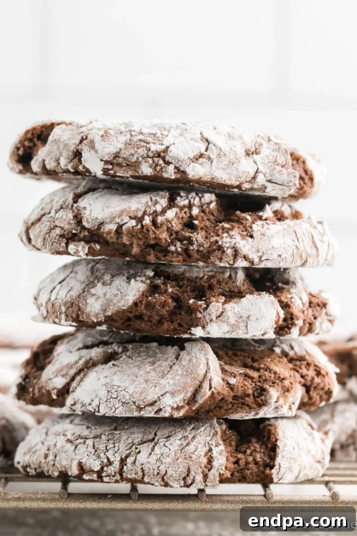 Cracked Cocoa Bliss 2 Stack of freshly baked chocolate crinkle cookies, showcasing their iconic powdered sugar crinkles.