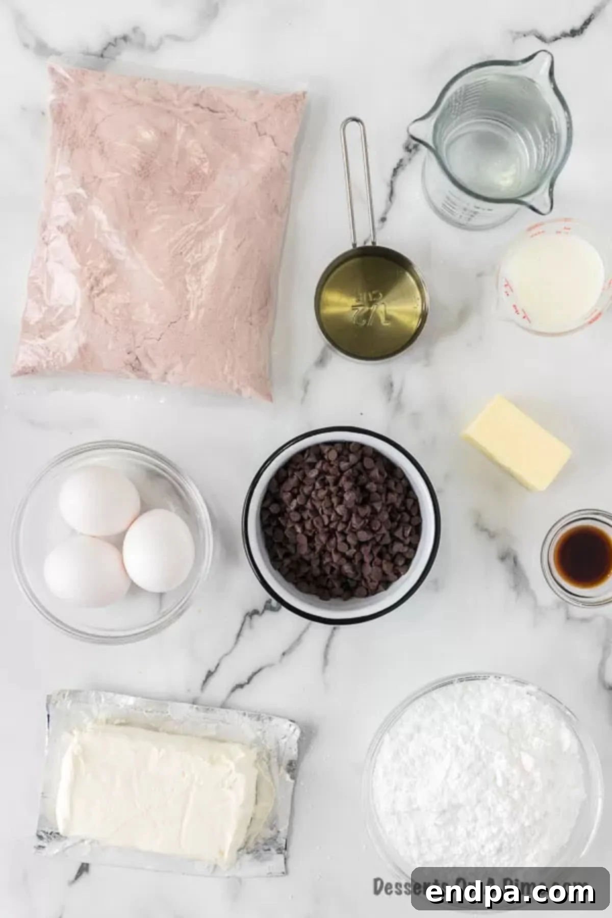 Red Velvet Infusion Cake 3 Ingredients for recipe - red velvet cake mix, chocolate chips, eggs, powdered sugar, cream cheese, butter, oil.