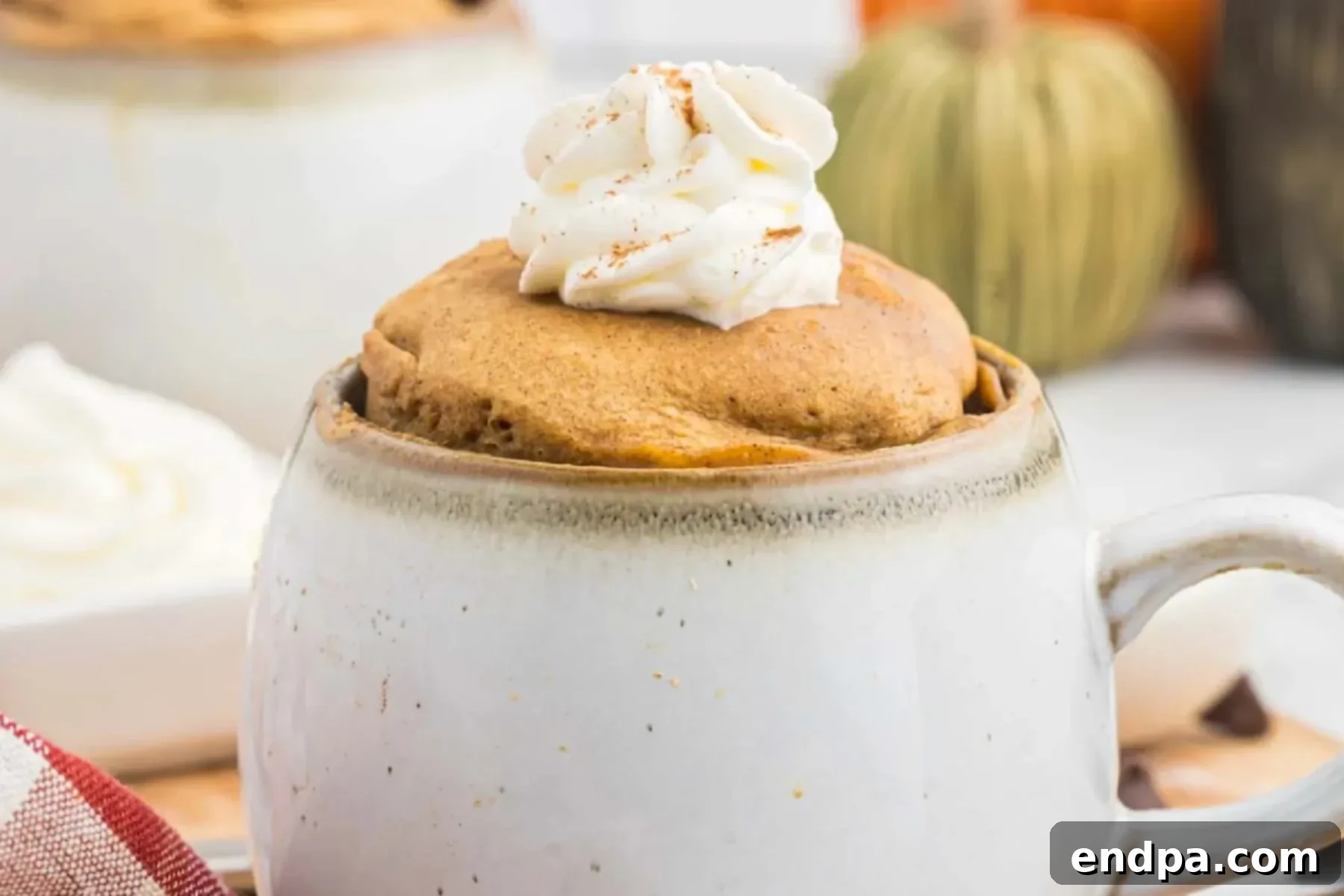 Pumpkin Mug Cake in a mug topped with whipped cream.