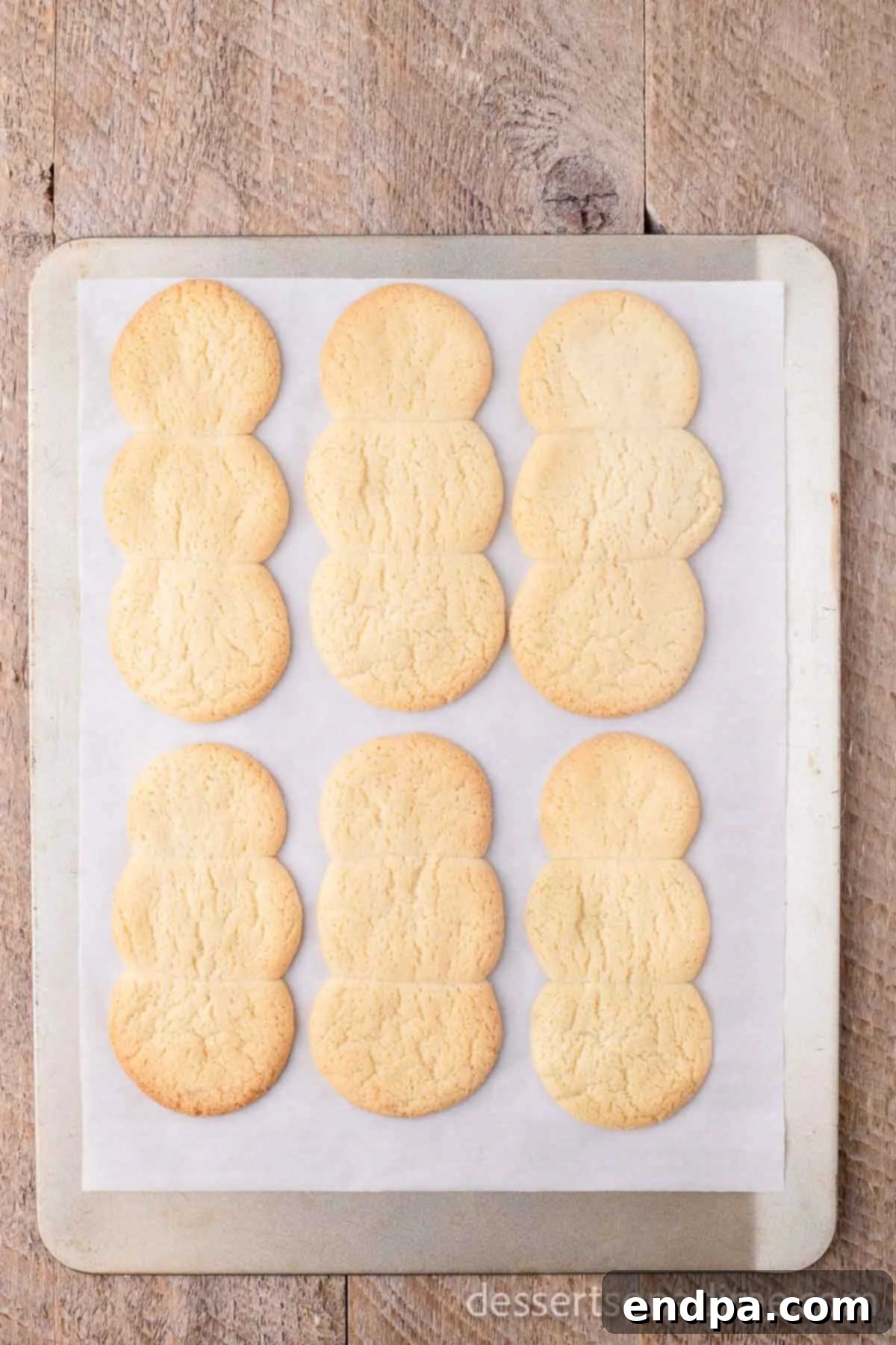 Whip Up Adorable Snowman Cookies 5 Freshly baked sugar cookies, formed into snowman shapes, cooling on a baking sheet.