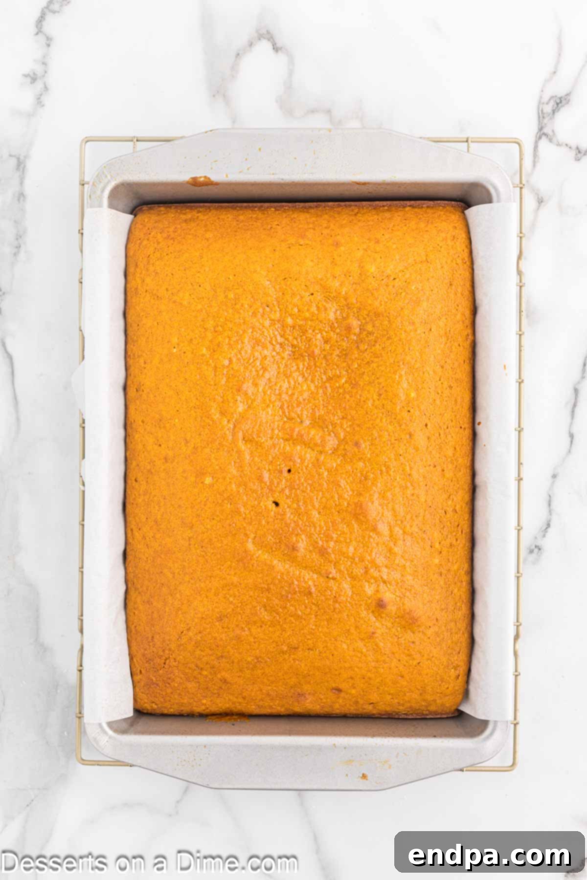 Freshly baked pumpkin bars cooling in the baking pan on a wire rack, before frosting.