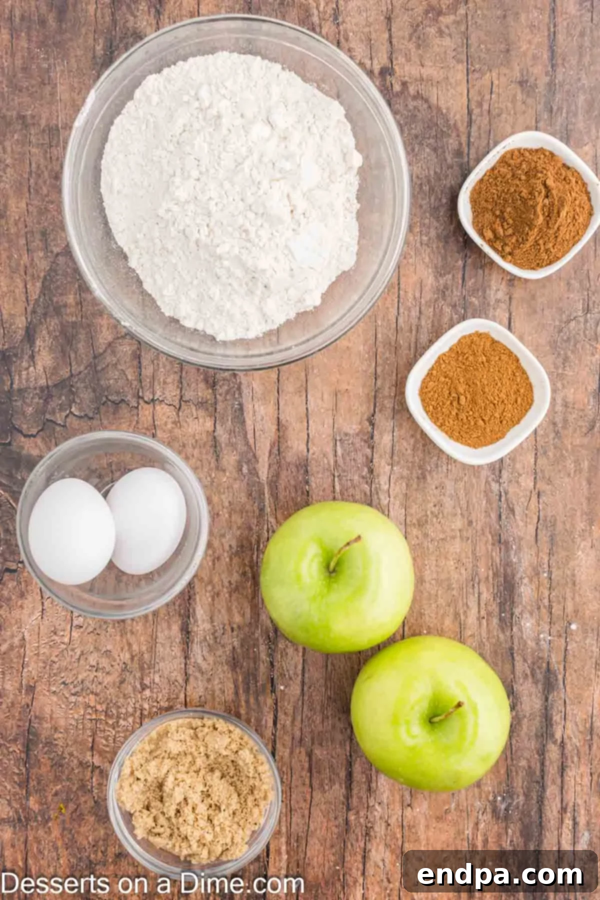 Ingredients for Air Fryer Apple Slices - granny smith apples, flour, apple pie spice, eggs, brown sugar, cinnamon. 