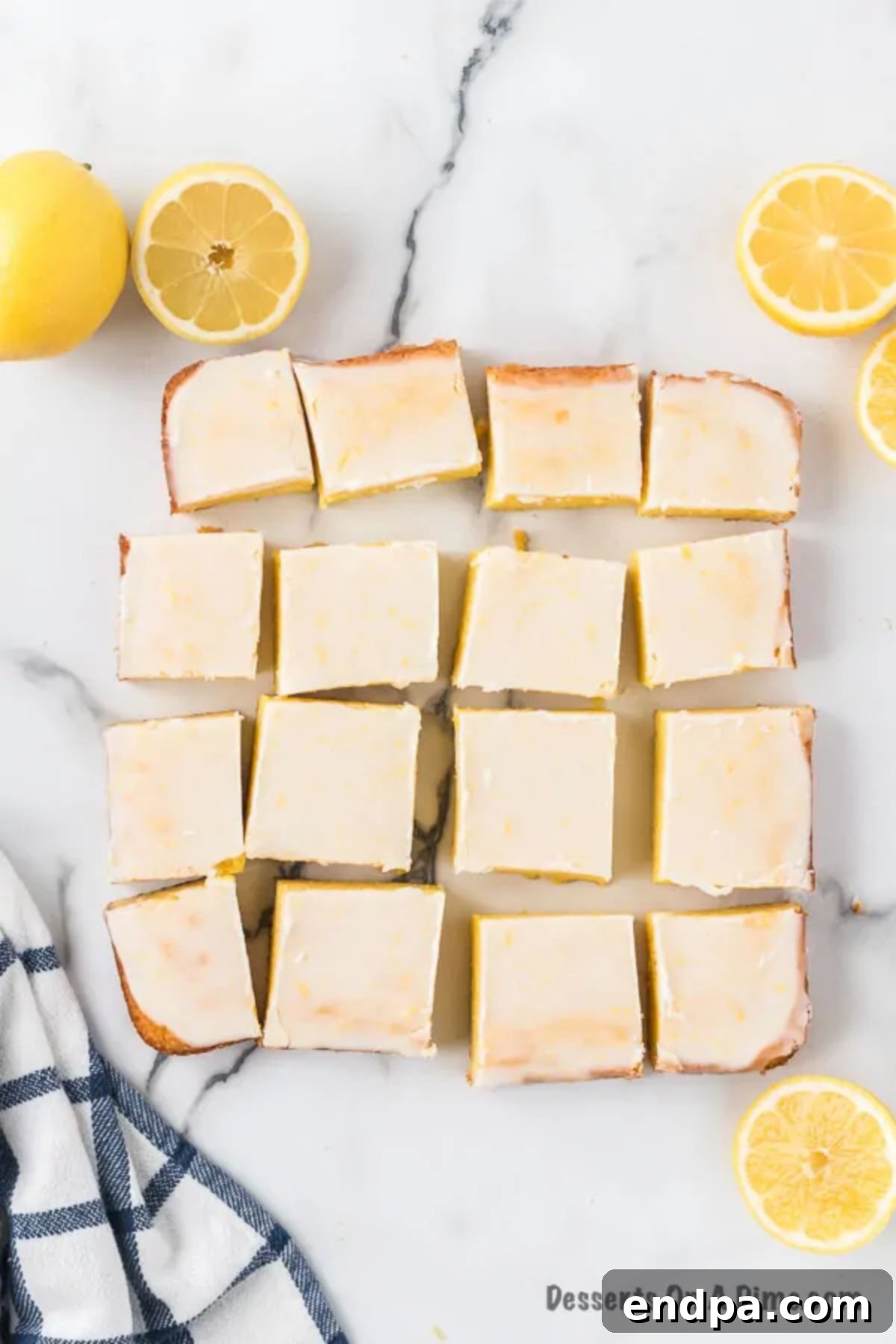 Lemon brownies cut into perfect squares, ready to be served.