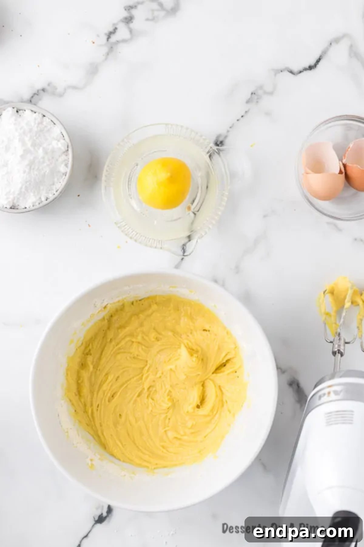 Flour, baking powder, and salt mixed into the batter by hand.
