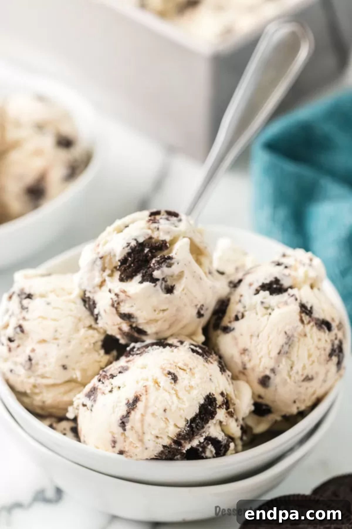Midnight Cookie Swirl Ice Cream 10 Bowl of freshly scooped Cookies and Cream Ice Cream, ready to be served.