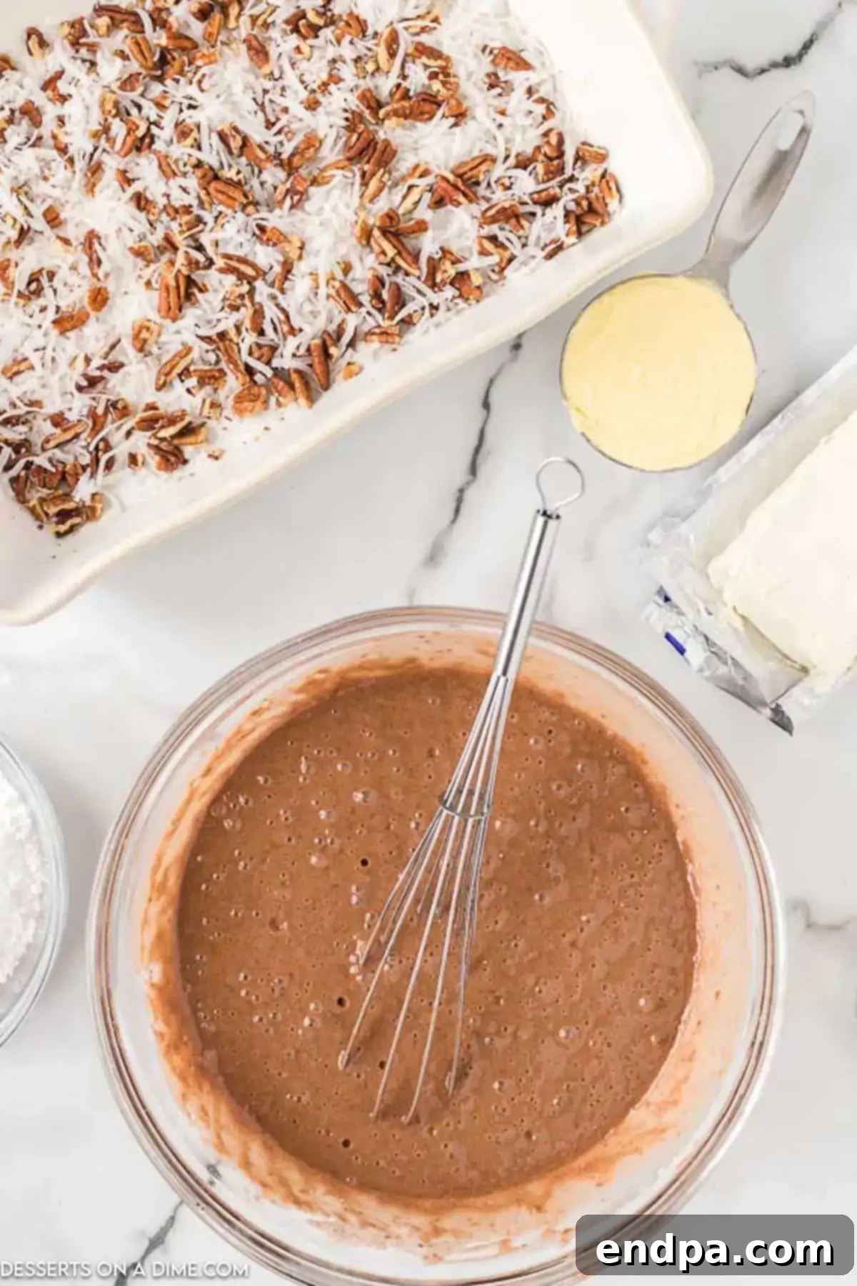 Decadent German Chocolate Cheesecake Bars 4 Cake batter in bowl.