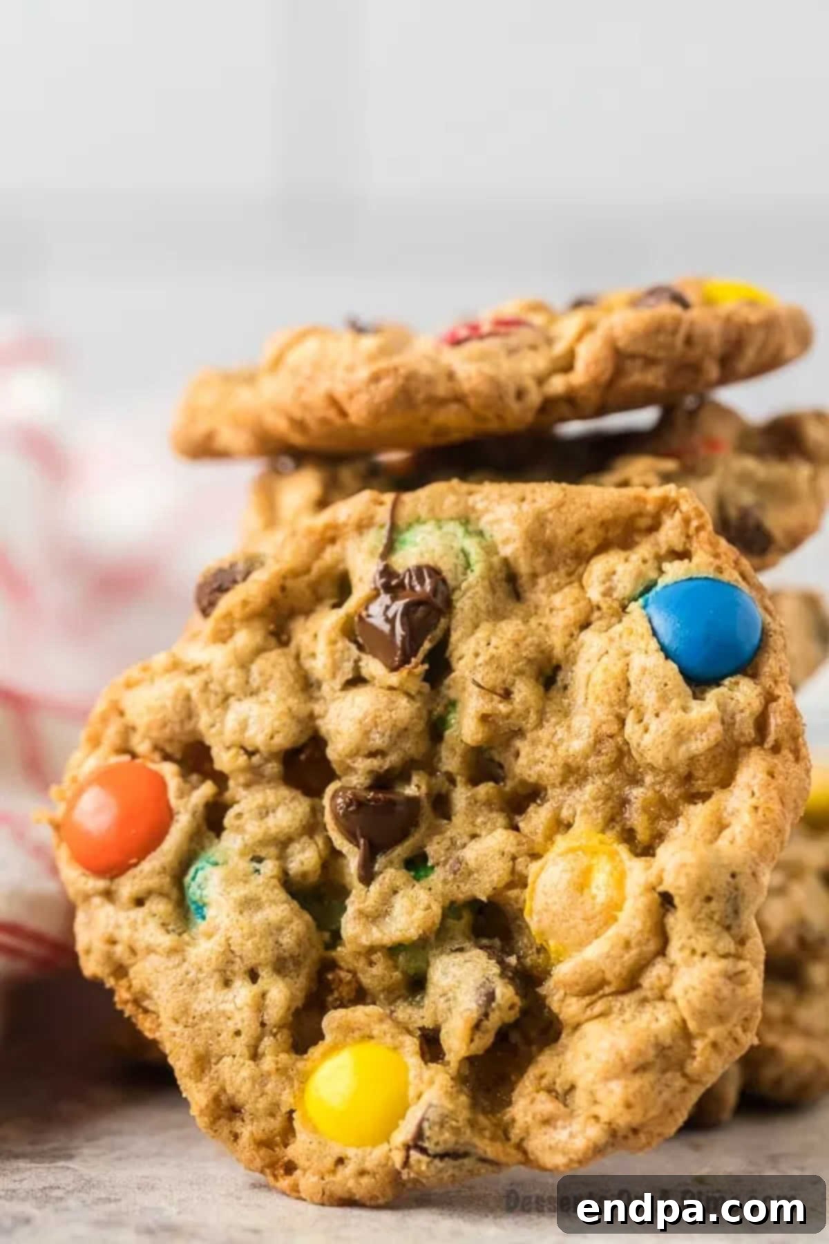 Monster cookies stacked together.