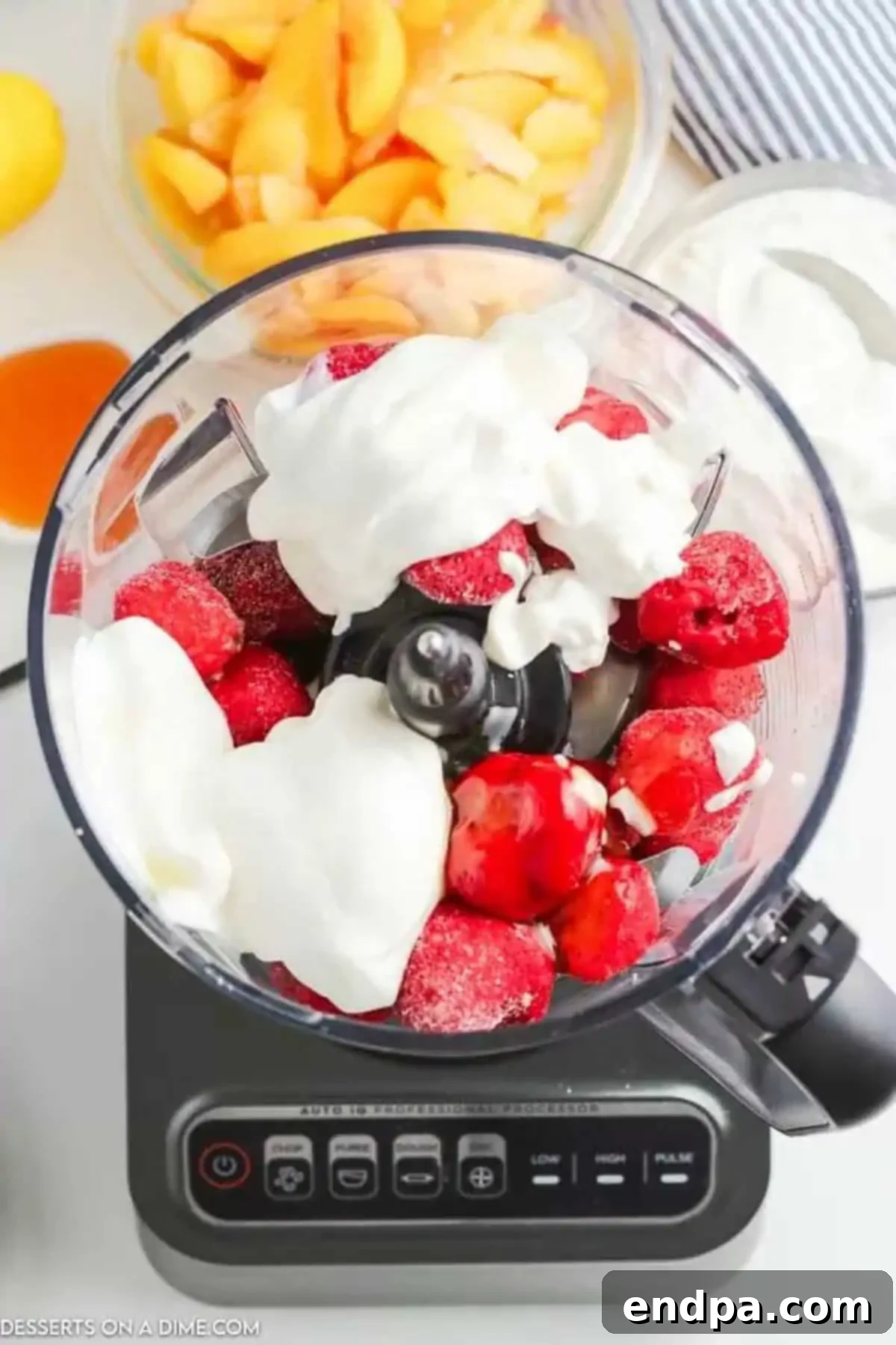 Cool & Creamy Homemade Frozen Yogurt 5 All ingredients loaded into a food processor bowl, ready for blending.