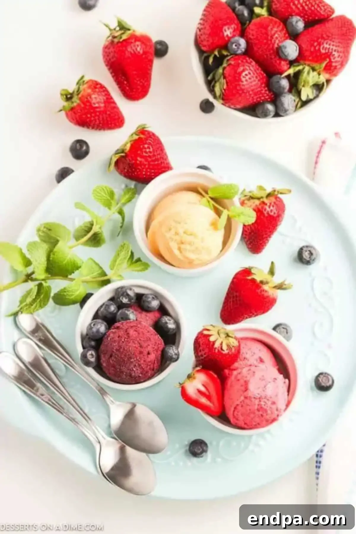 Cool & Creamy Homemade Frozen Yogurt 7 Various bowls of homemade frozen yogurt with different toppings, showcasing versatility.