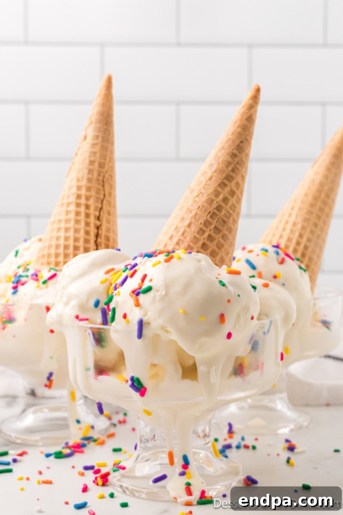 Ice cream cones in dish of vanilla ice cream. 
