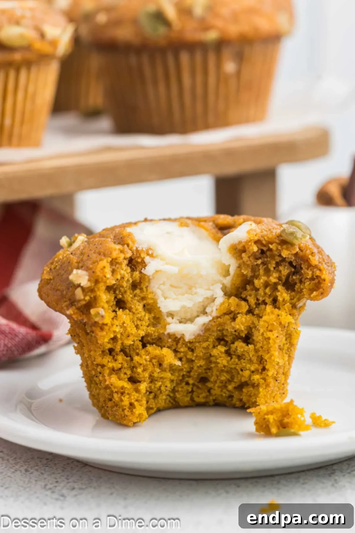 Starbucks-Style Pumpkin Spice Cream Cheese Muffins 13 A freshly baked Starbucks Pumpkin Cream Cheese Muffin on a white plate, ready to be enjoyed.