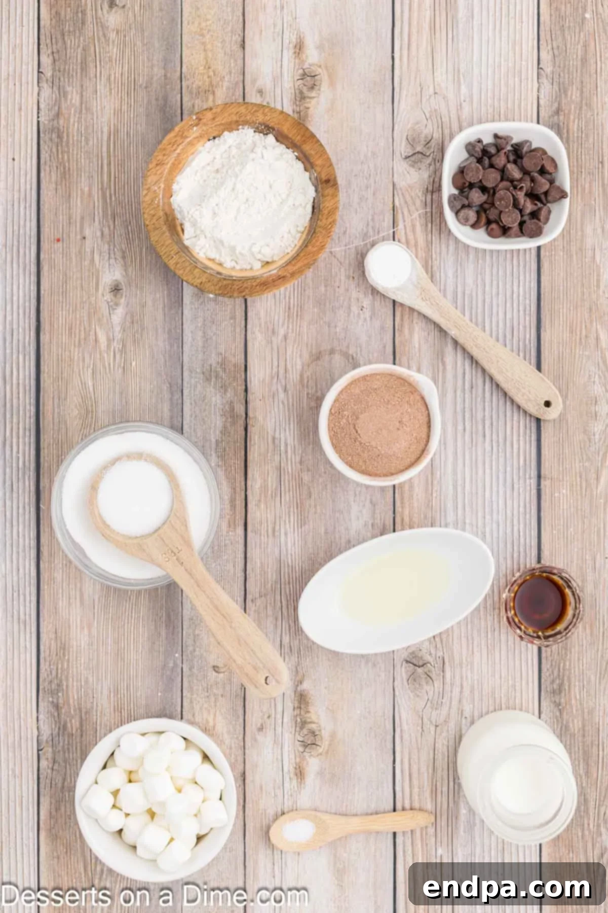 Rich Cocoa Mug Indulgence 3 Ingredients for Hot Chocolate Mug Cake - flour, hot cocoa mix, salt, milk, chocolate chips, mini marshmallows.