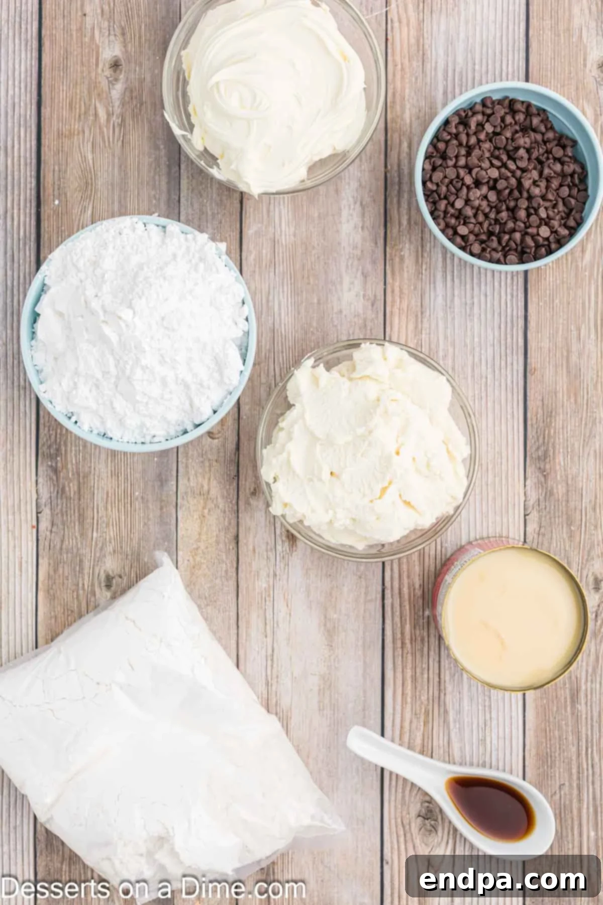 Ingredients for Cannoli Poke Cake - white cake mix, sweetened condensed milk, ricotta cheese, mascarpone cheese, vanilla, powdered sugar, mini chocolate chips, powdered sugar.