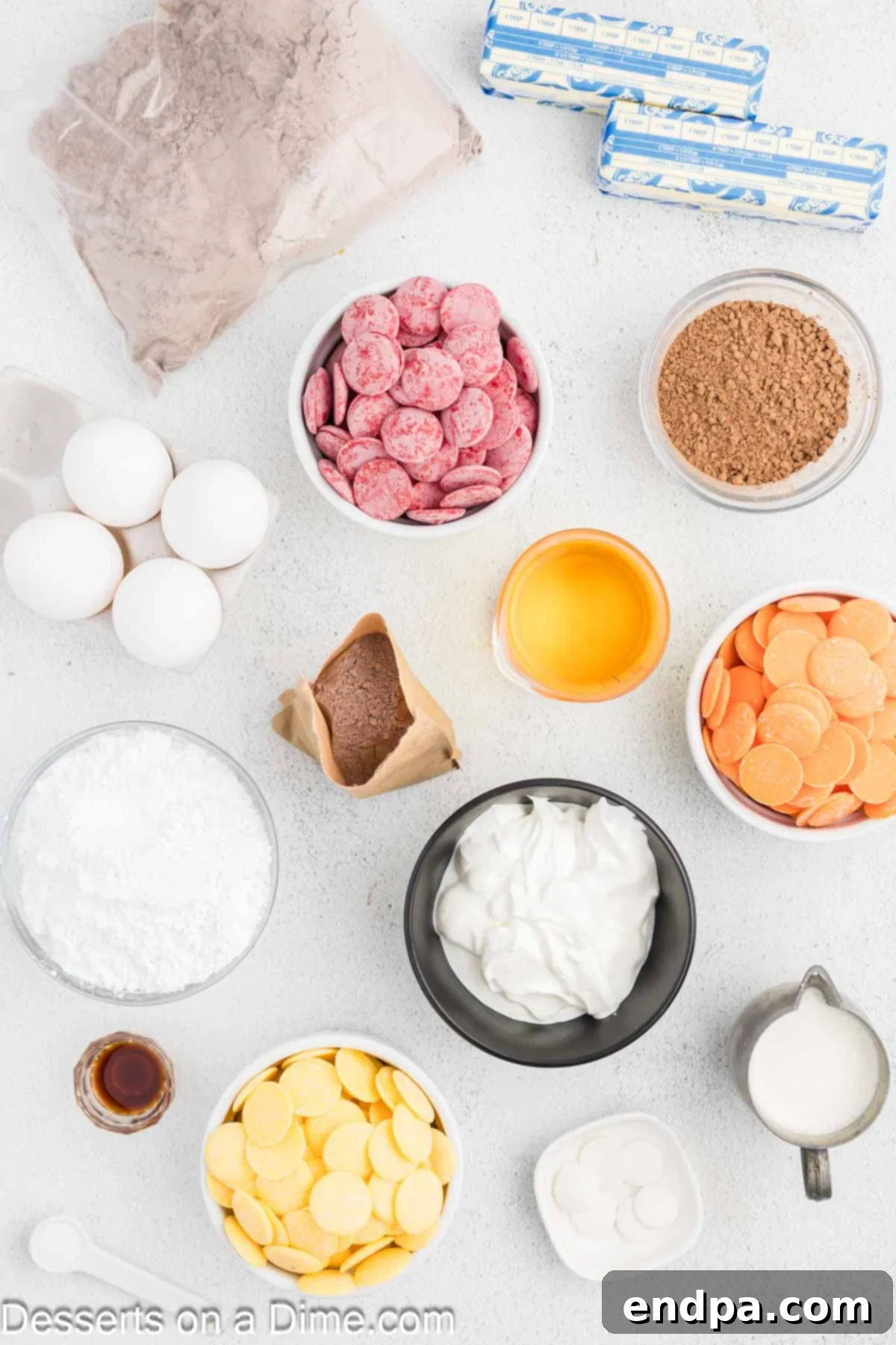 Festive Turkey Cake 3 Ingredients for turkey cake - chocolate cake mix, pudding mix, eggs, sour cream, butter, powdered sugar, cocoa powder, heavy cream, salt, candy disks, edible marker.