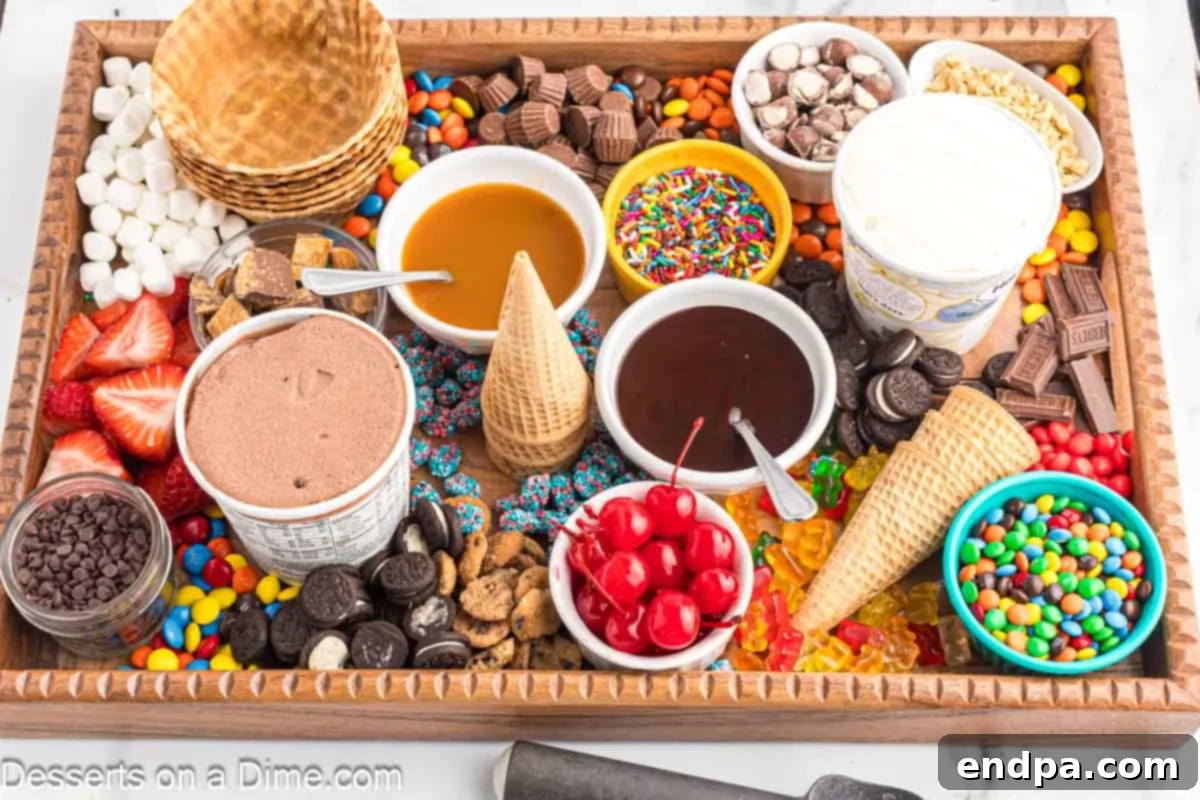 A vibrant Ice Cream Charcuterie Board featuring various ice cream flavors, colorful toppings, fresh fruits, and sweet treats, ready for guests to enjoy.