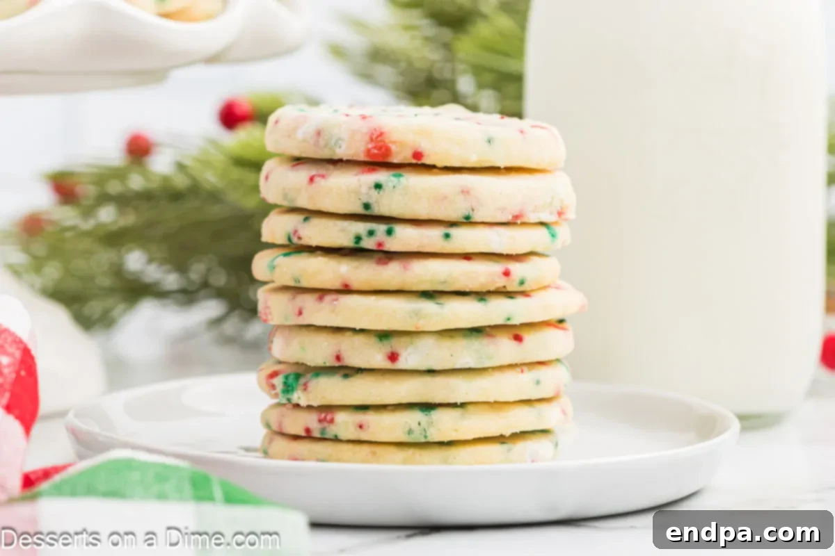 Buttery Christmas Shortbread Delights 2 Christmas Shortbread Cookies stacked together, adorned with festive sprinkles.