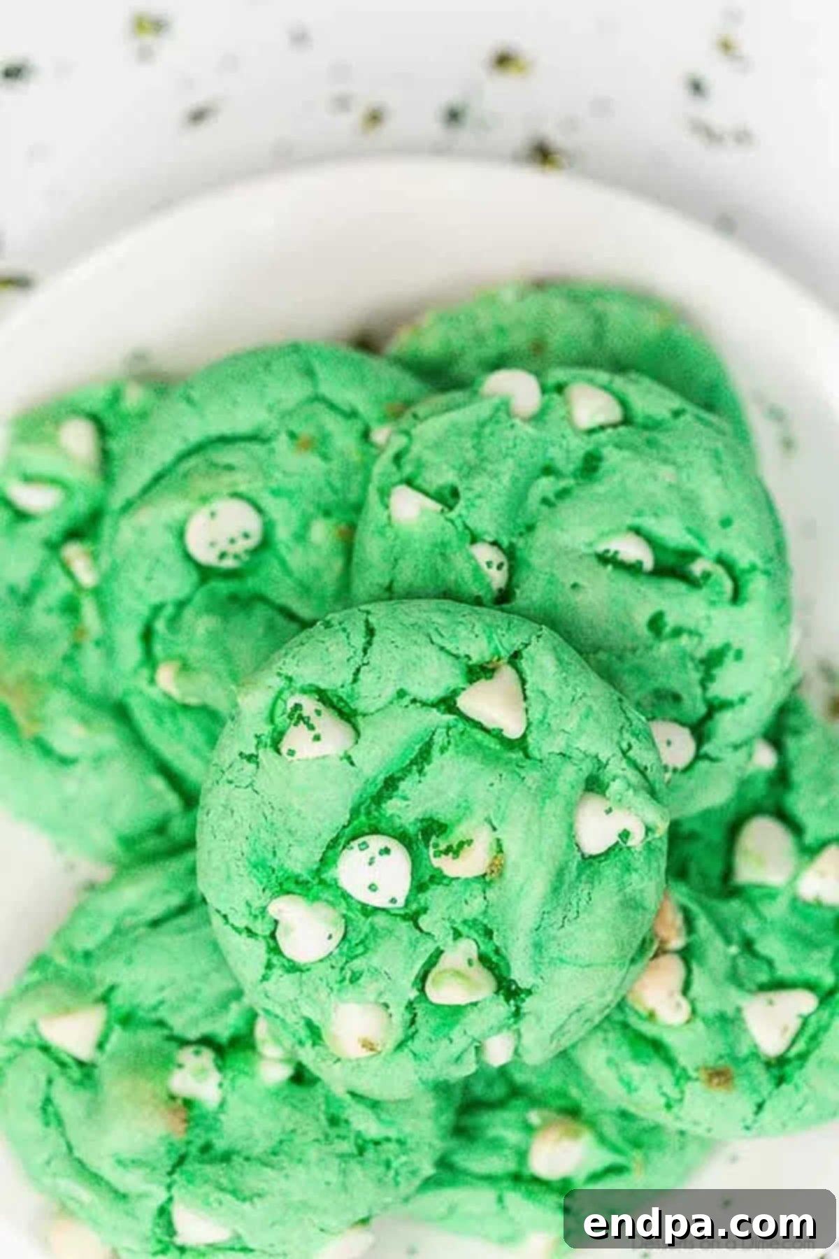 Vibrantly green St. Patrick's Day Cake Mix Cookies adorned with white chocolate chips, arranged beautifully on a serving platter, ready to be enjoyed.