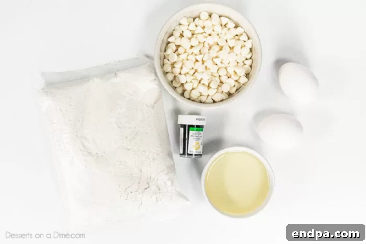 Key ingredients for St. Patrick's Day Cake Mix Cookies: a box of white cake mix, a bottle of green food coloring, fresh eggs, vegetable oil, and a bag of white chocolate chips.