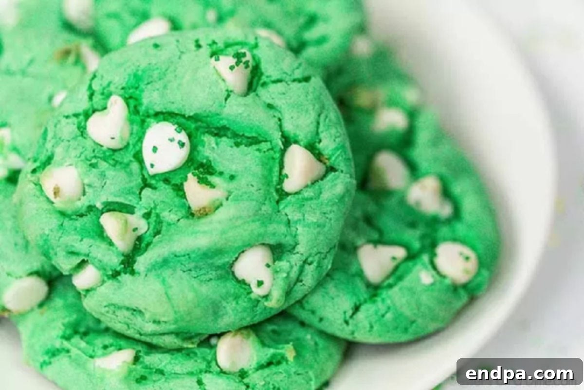 Freshly baked St. Patrick's Day cookies, perfectly round and green with visible white chocolate chips, cooling on a wire rack.