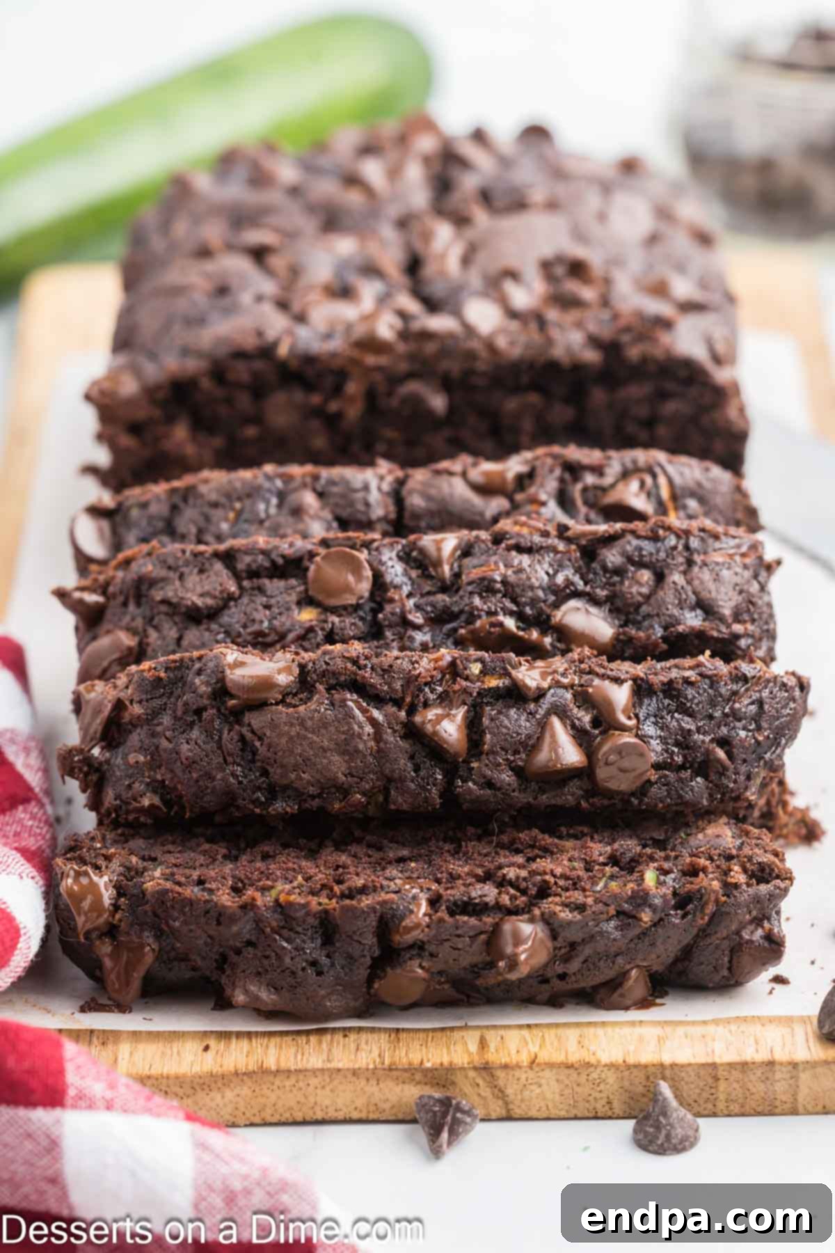 Fudgy Chocolate Zucchini Bread 2 Slices of moist chocolate zucchini bread, ready to be enjoyed.