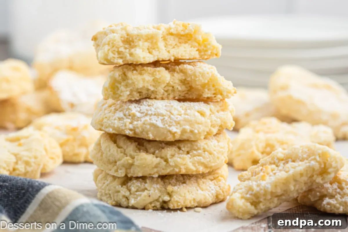 Stacked cream cheese cookies, showcasing their soft and chewy texture, dusted with powdered sugar.
