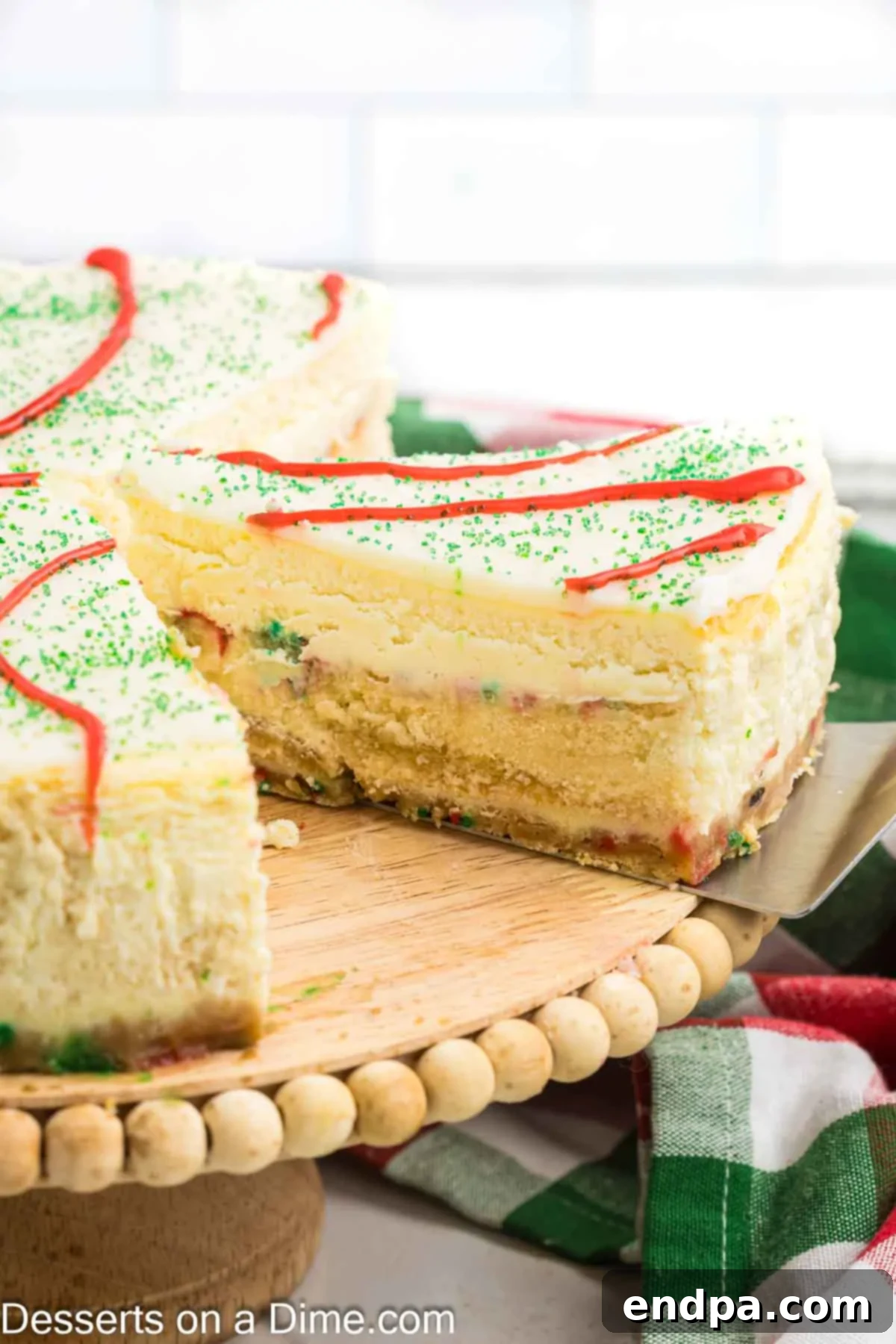 Little Debbie Christmas Tree Cheesecake being cut. 