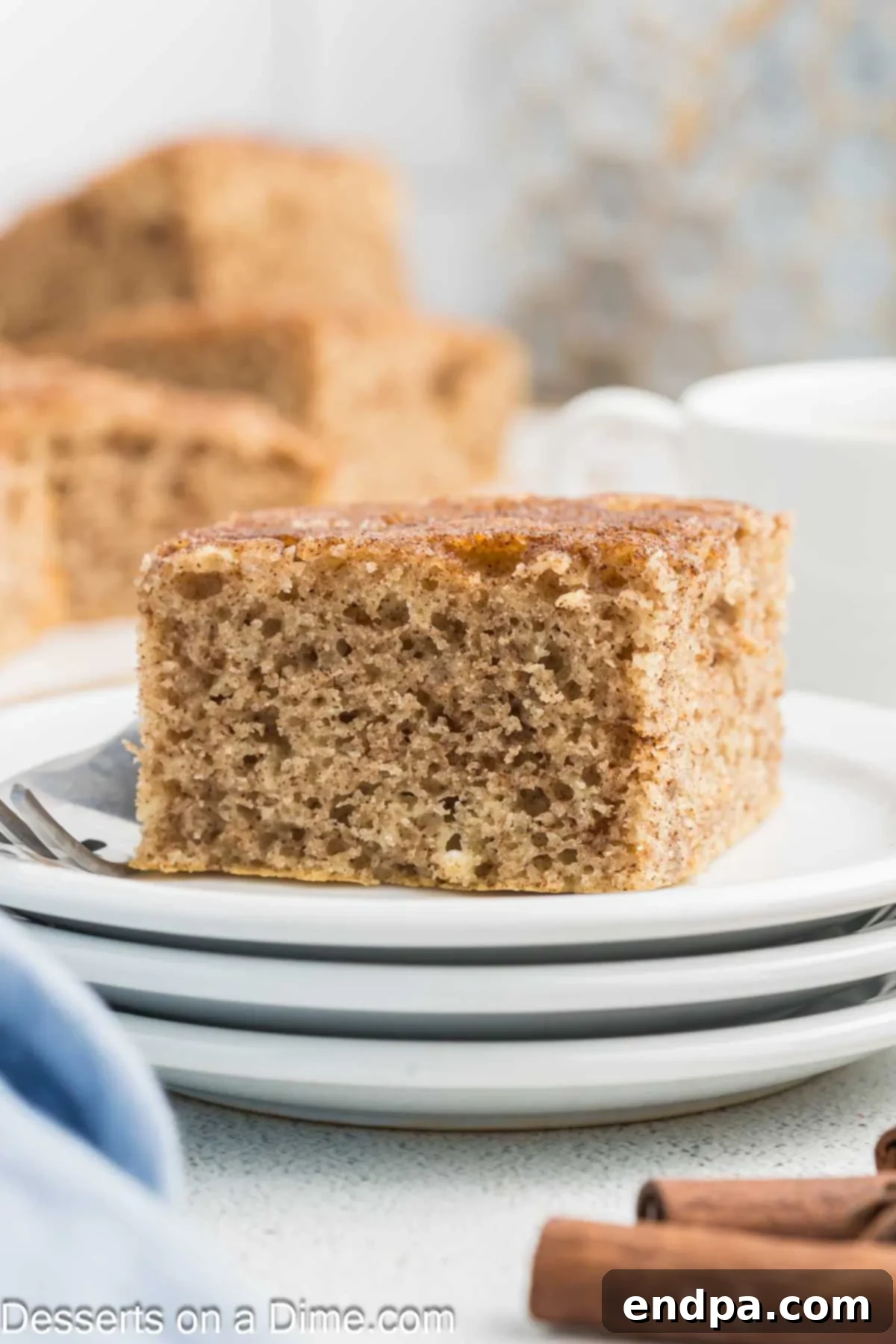 Golden Spiced Churro Cake 14 A slice of Churro Cake on a white plate, ready to be eaten.