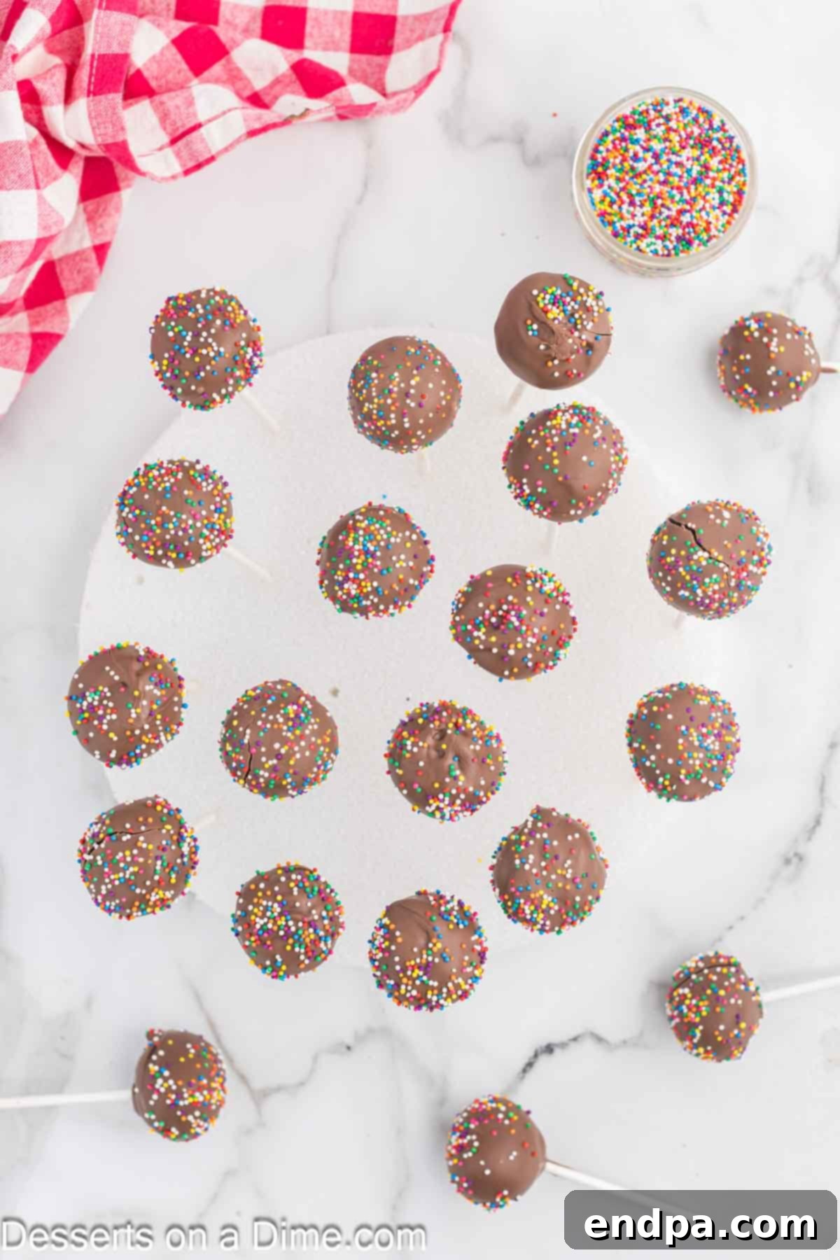 Bite Sized Chocolate Bliss 13 Finished chocolate cake pops adorned with colorful sprinkles, drying upright in a Styrofoam block.