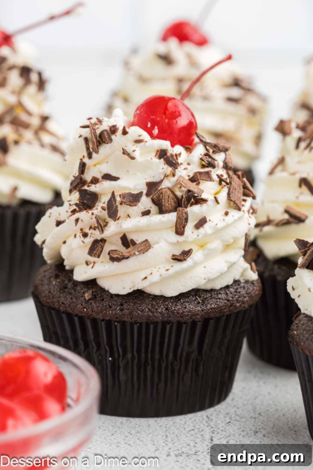 Black Forest Cupcake topped with whipped cream and a cherry, ready to be enjoyed.
