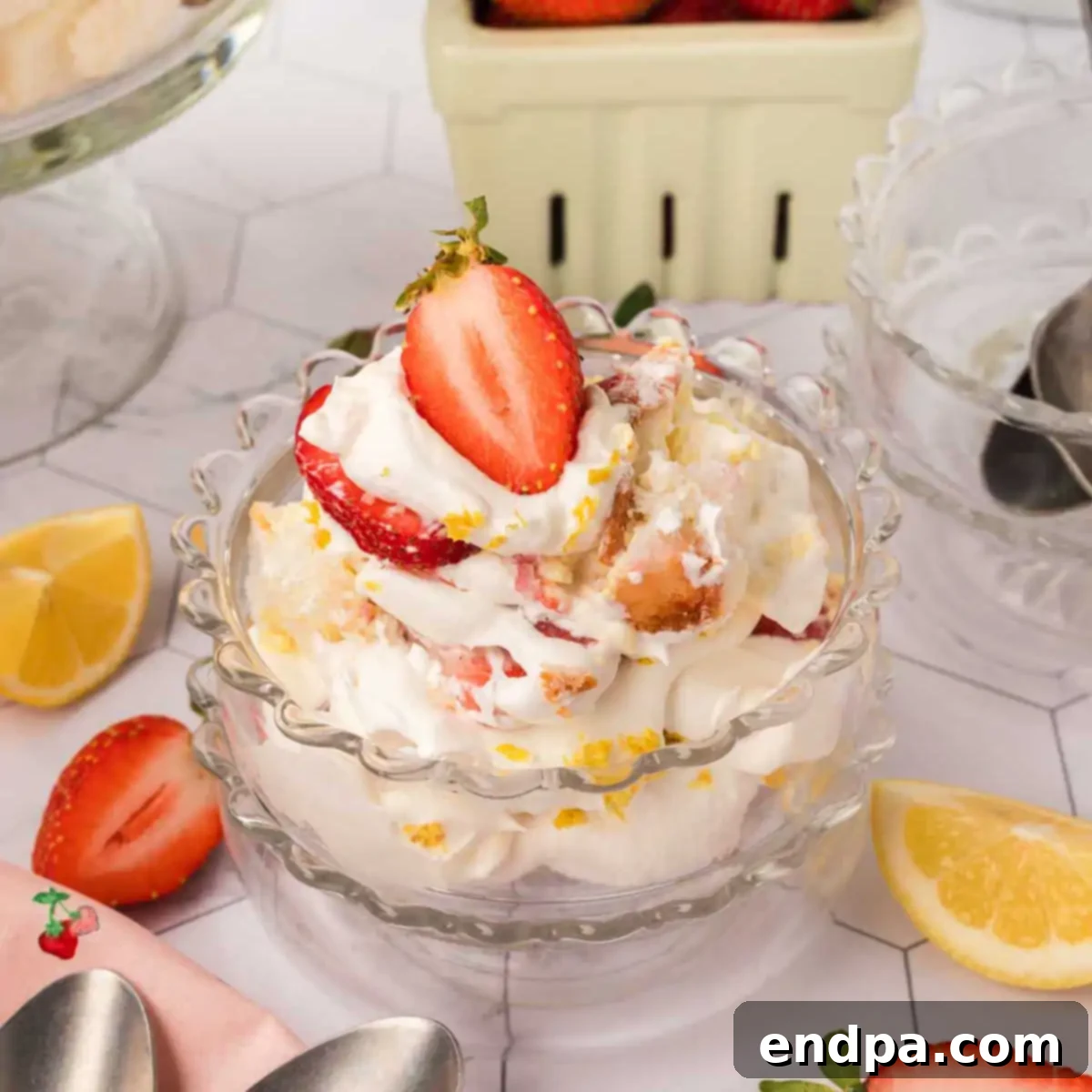 Close-up of a Lemon Strawberry Trifle, showing all the beautiful layers.