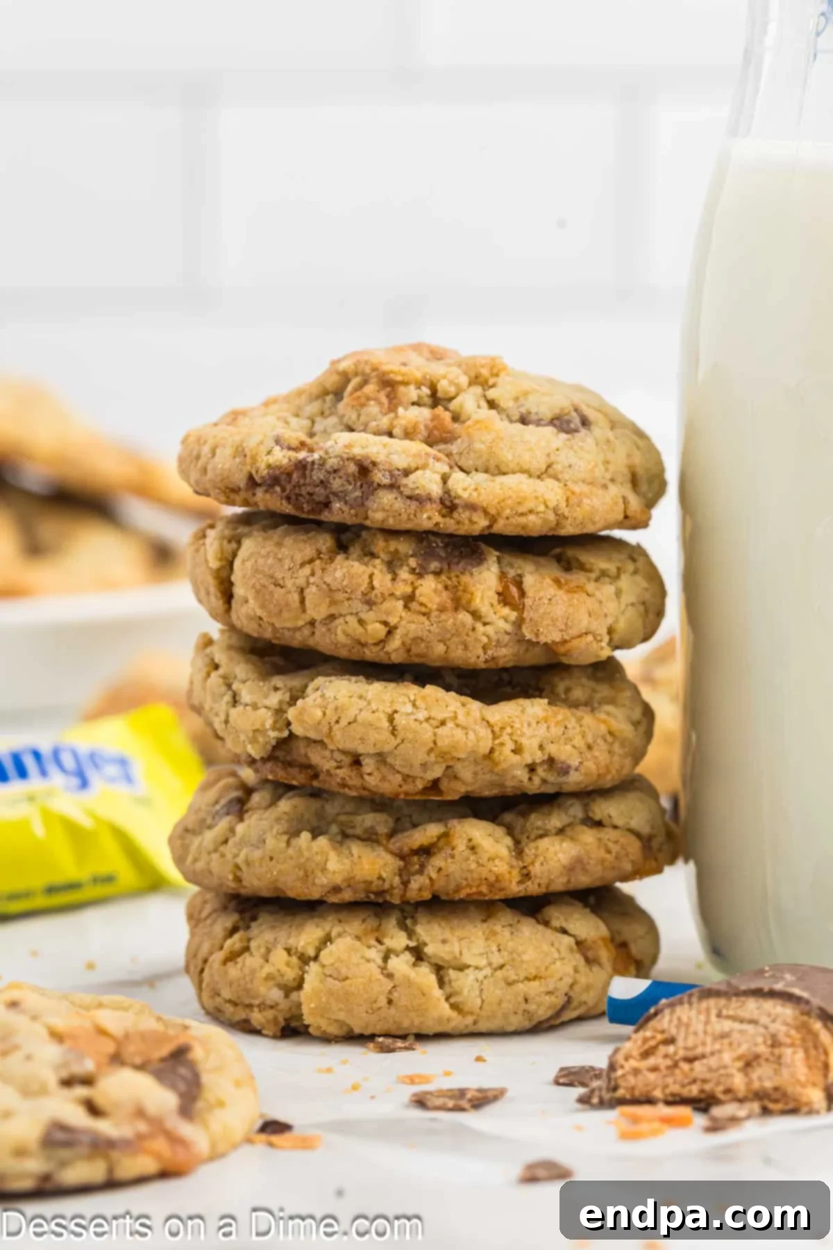 Butterfinger cookies stacked together.