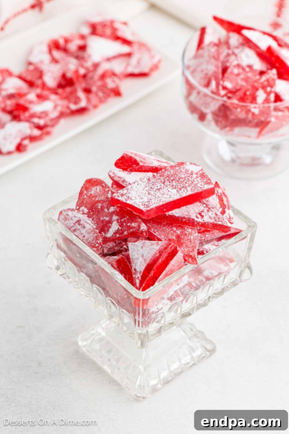 Hard Candy pieces beautifully arranged in a clear glass serving dish.