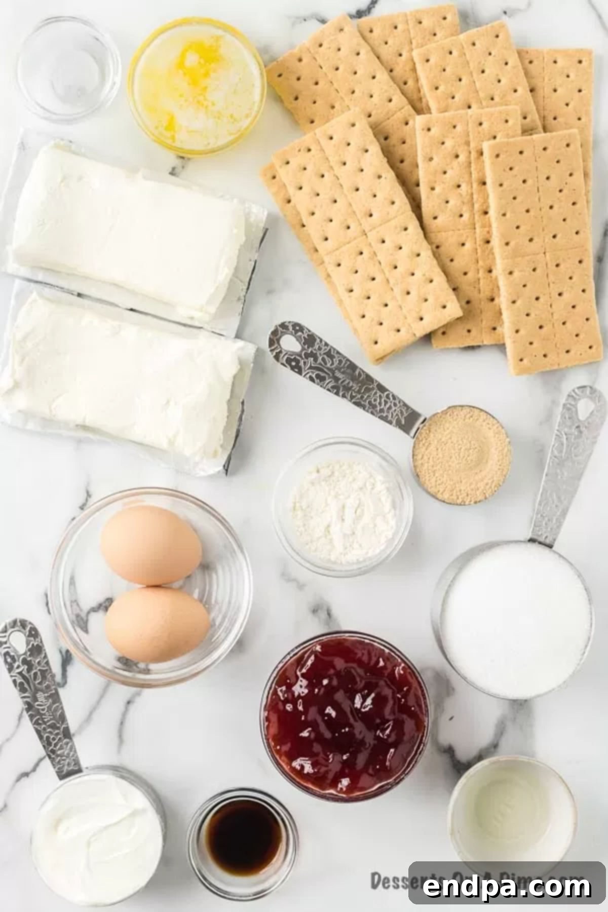 Decadent Raspberry Cheesecake Bars 3 Raspberry Bar ingredients - jam, vanilla, cream cheese,, eggs, milk, graham crackers.