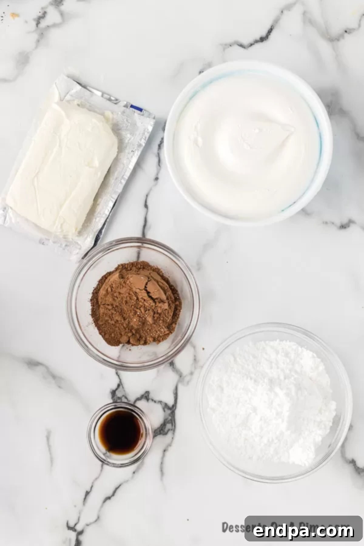 Sweet Chocolate Fruit Indulgence 3 Ingredients for chocolate fruit dip, including cream cheese, powdered sugar, cocoa powder, and whipped topping.