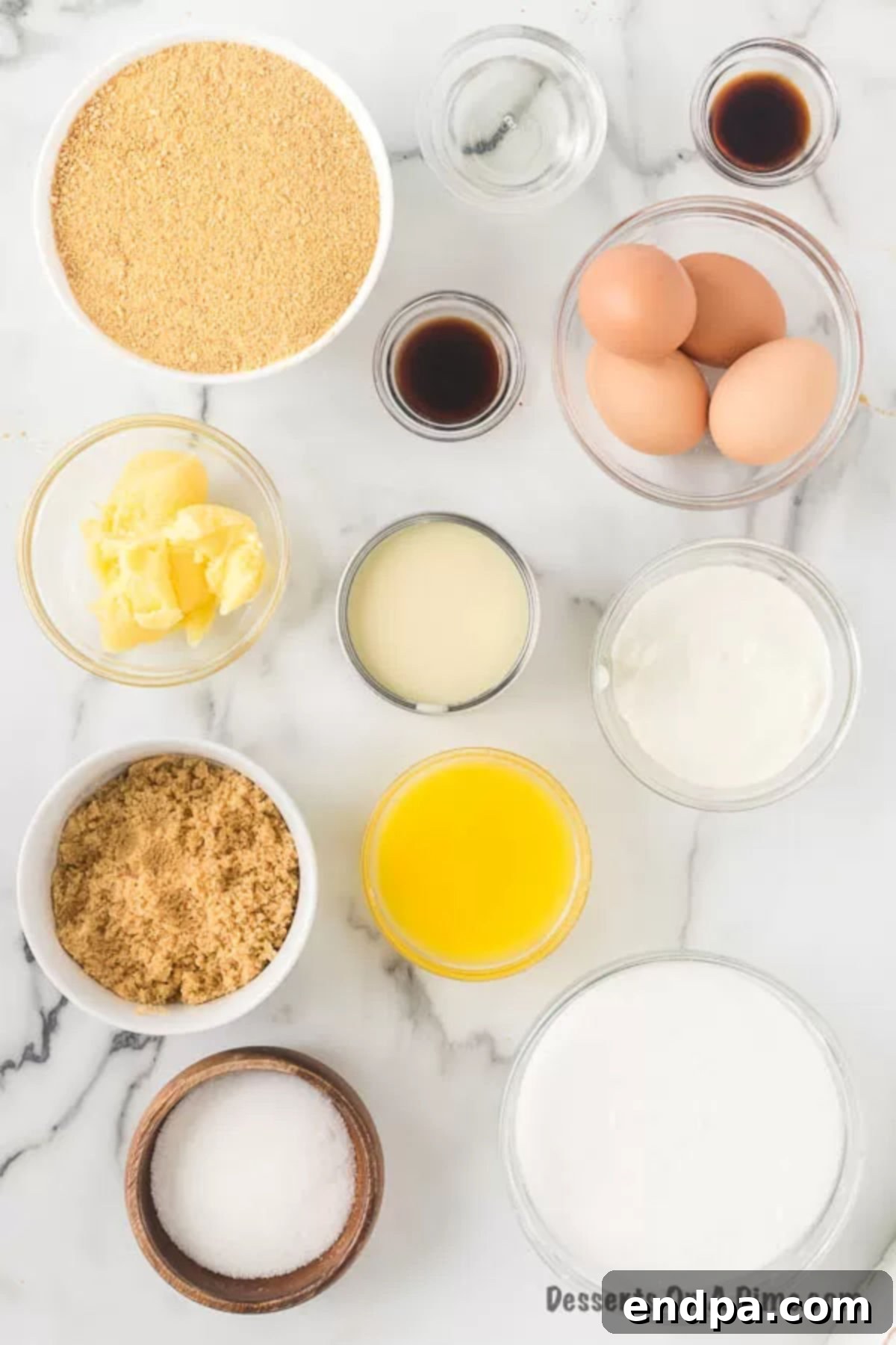 Ingredients for Caramel cheesecake bar - brown sugar, white sugar, sour cream, butter, eggs, sweetened condensed milk, cream cheese. 