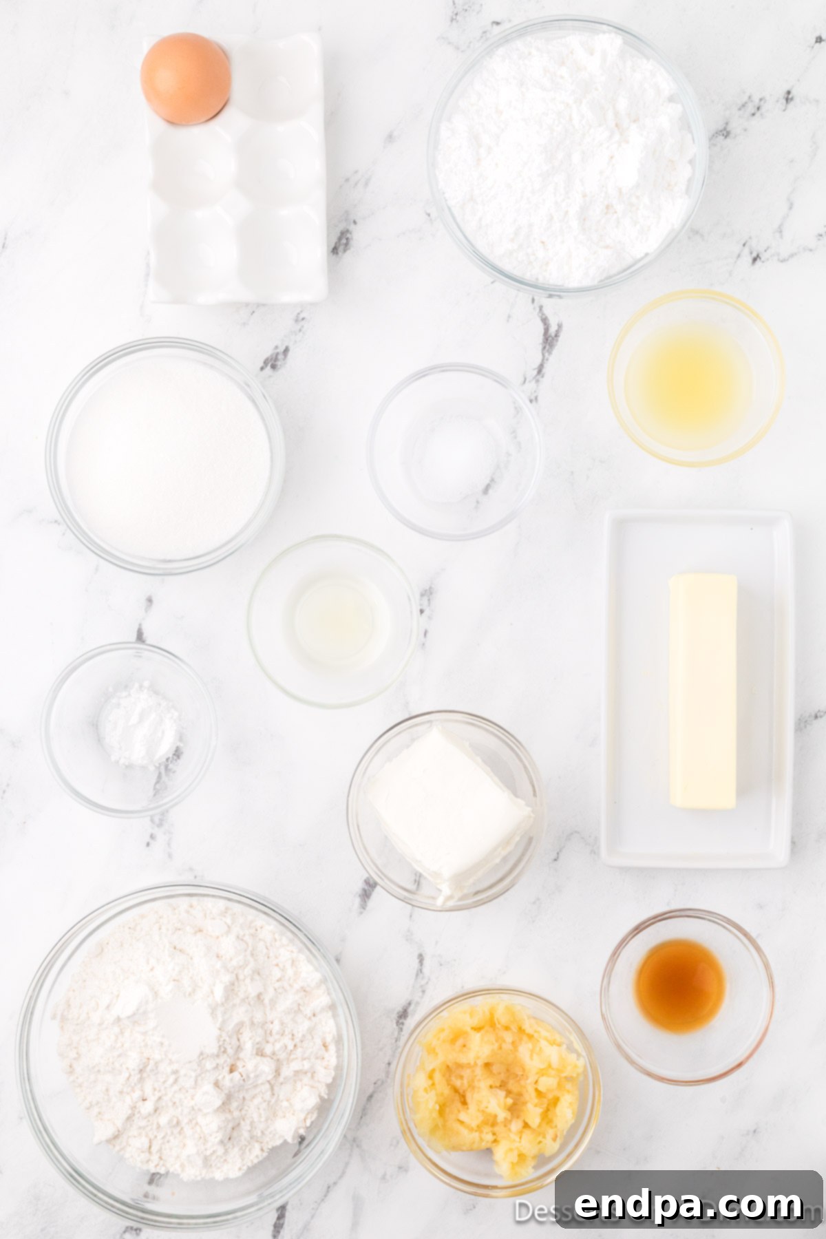 Essential ingredients for Pineapple Cookies laid out: all-purpose flour, salt, cream cheese, butter, eggs, vanilla extract, pineapple juice, and crushed pineapple.